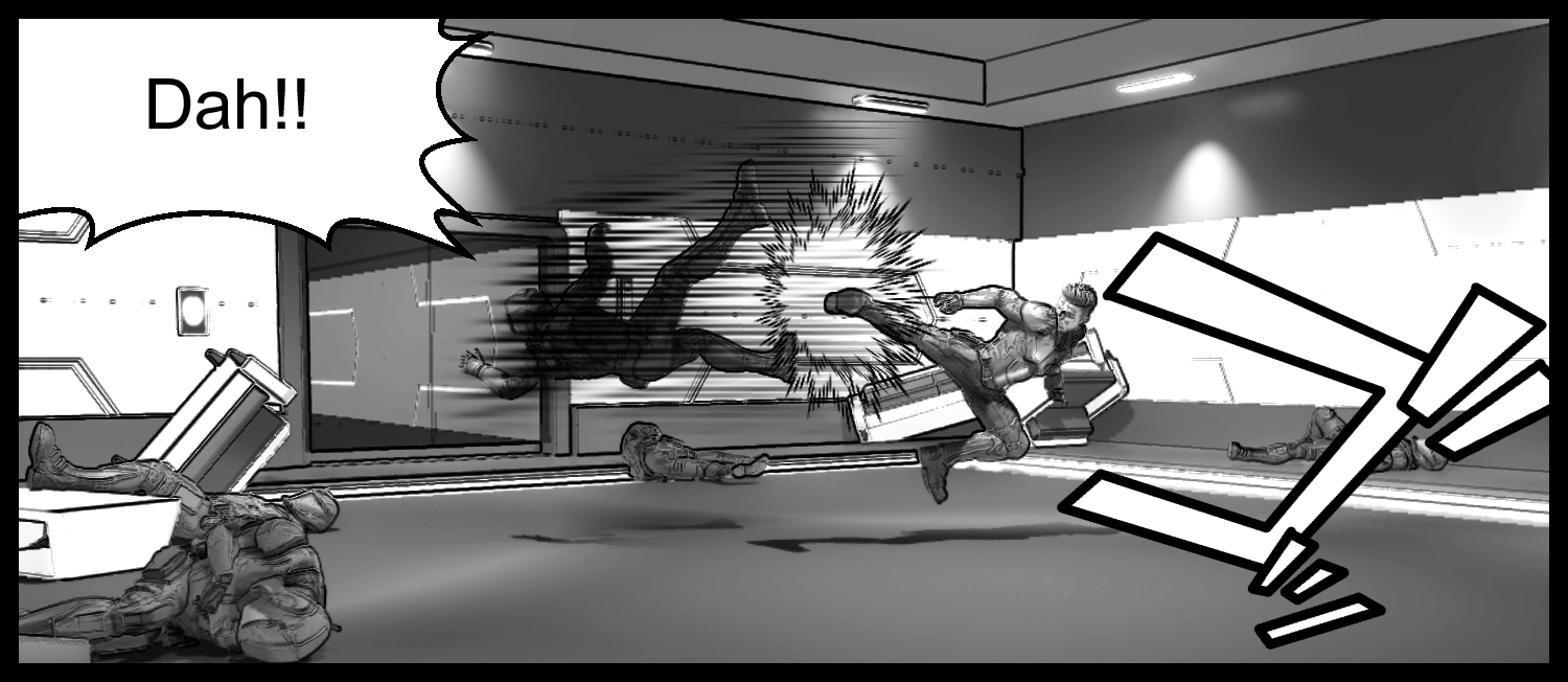 Armored soldiers chase the protagonist through the research facility