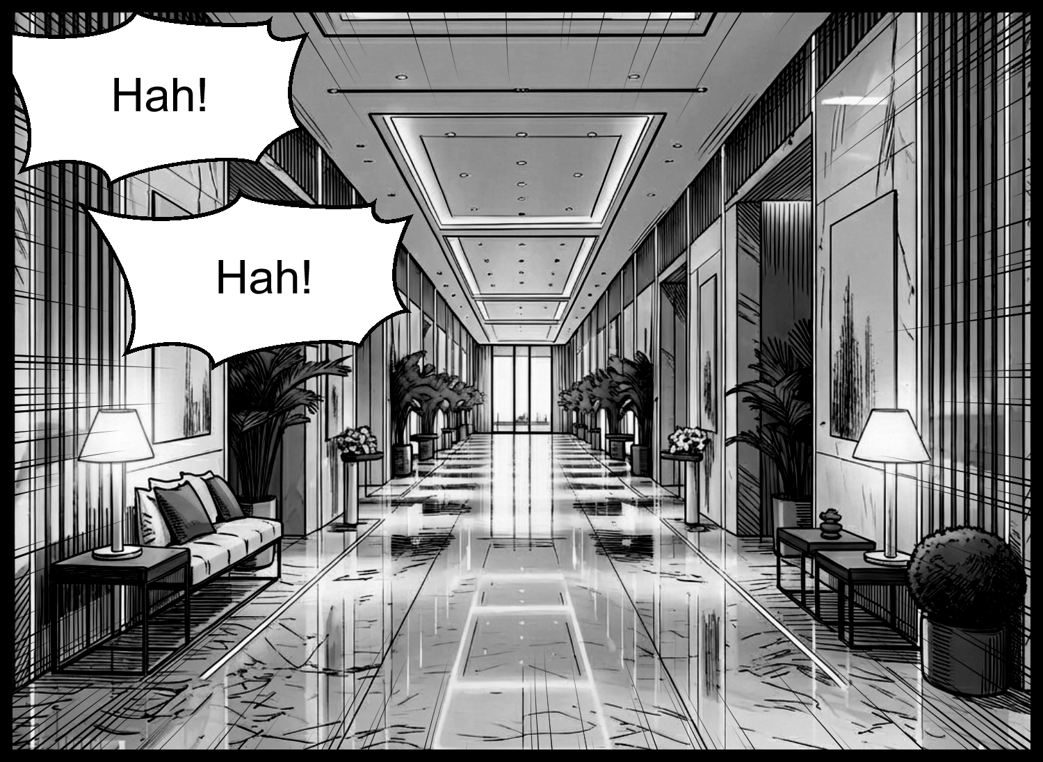 Footsteps echo through a long research facility corridor during the escape