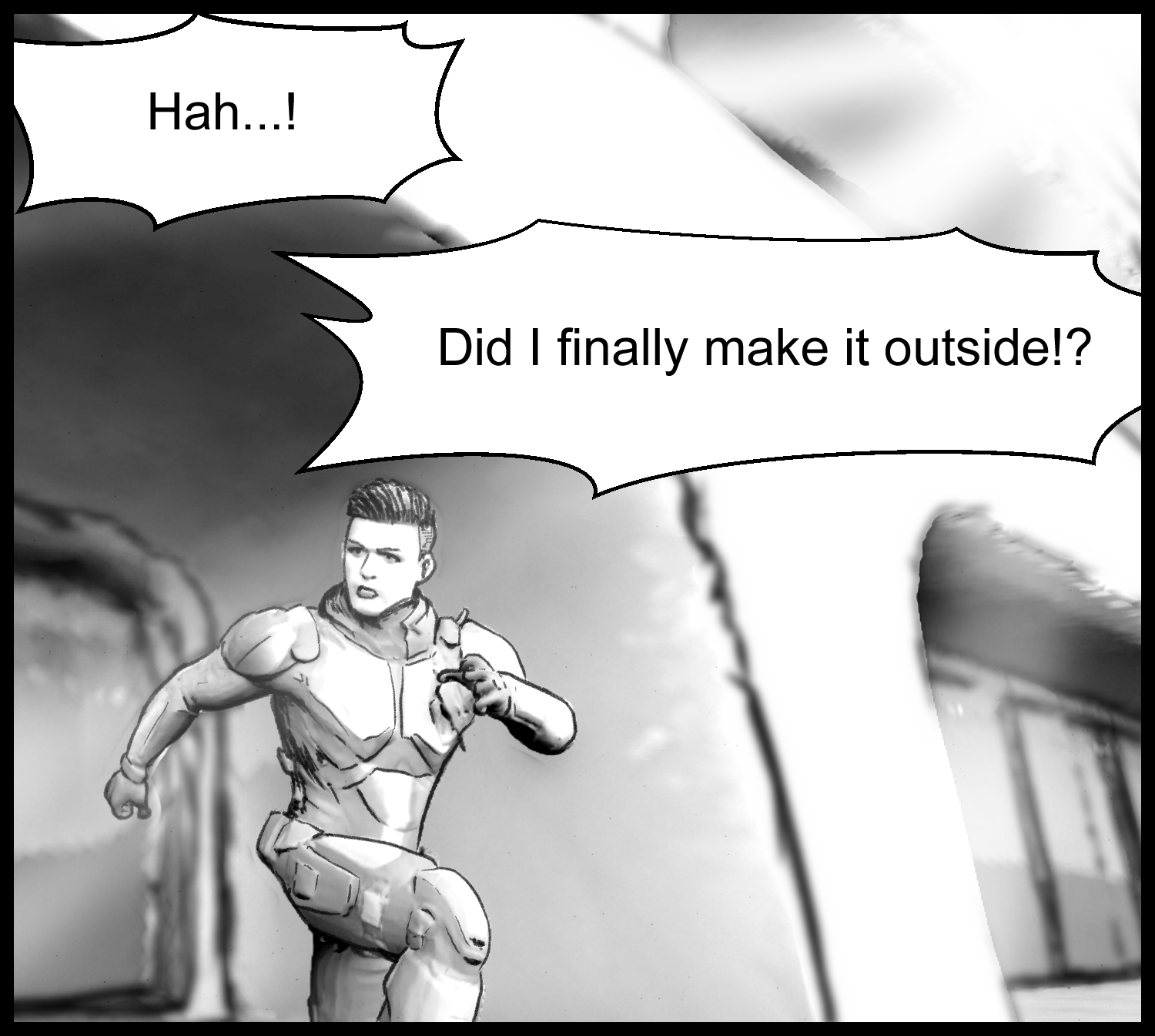 The protagonist gets outside the facility and notices something strange around him
