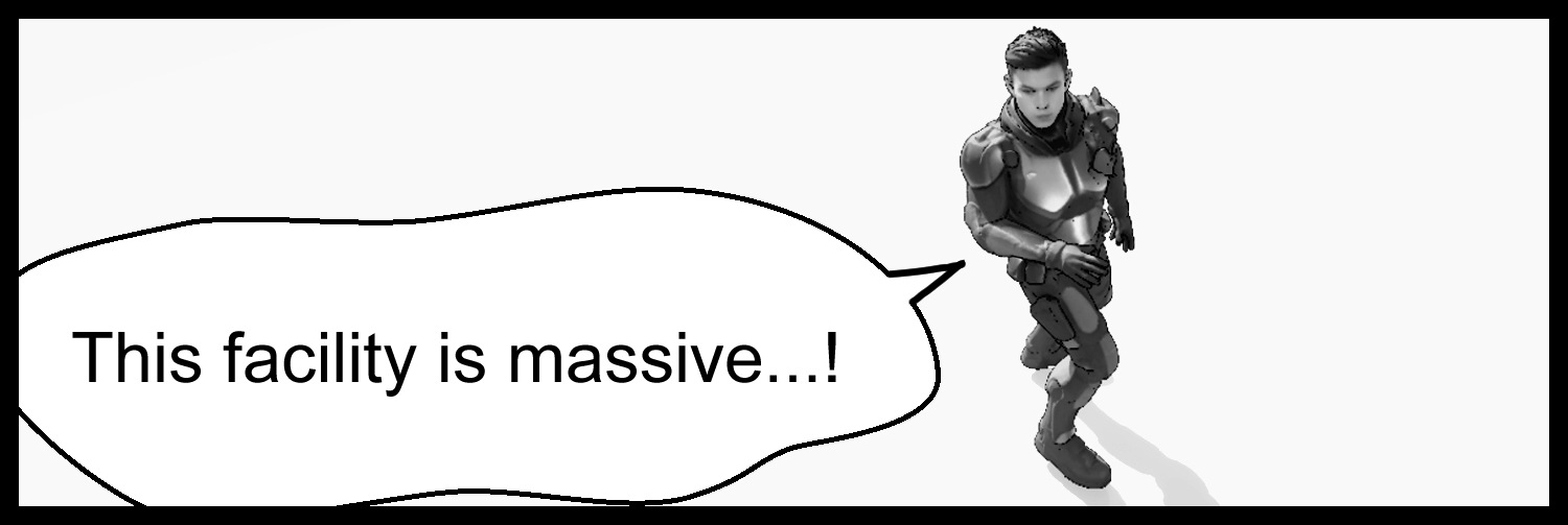 The protagonist is shocked by the scale of the huge facility in a striking sci-fi manga scene