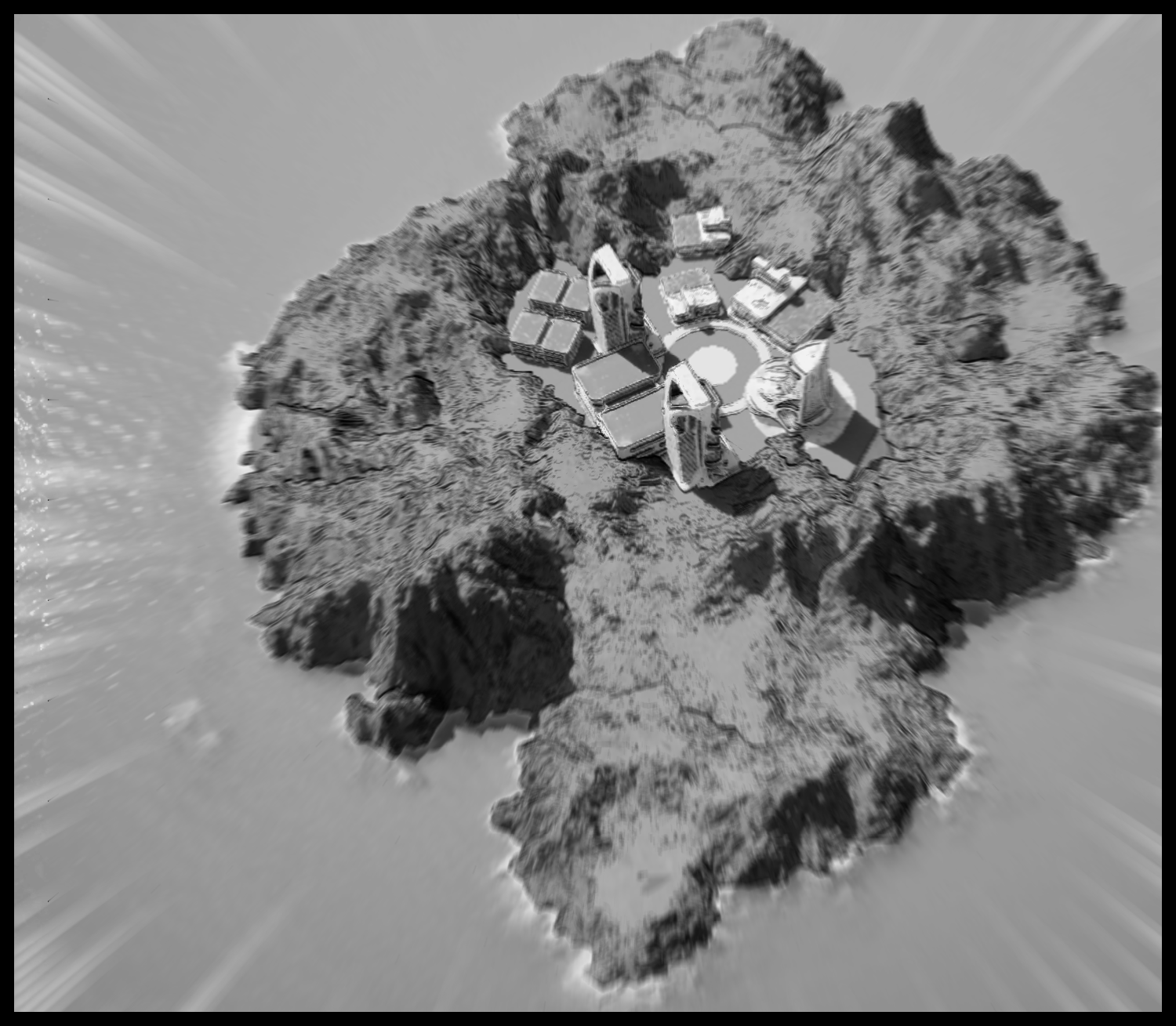 An aerial view of a giant research facility built on an island