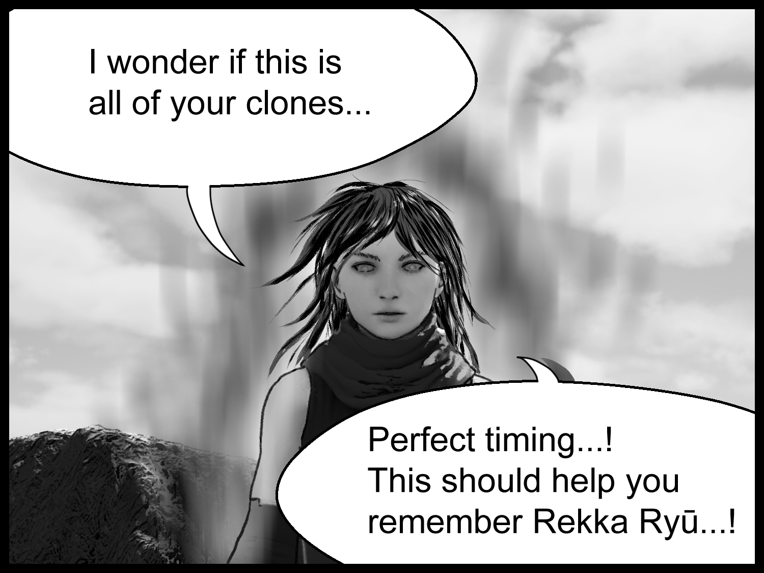A tense pre-battle scene where Aria prepares to show a Rekka Ryū technique