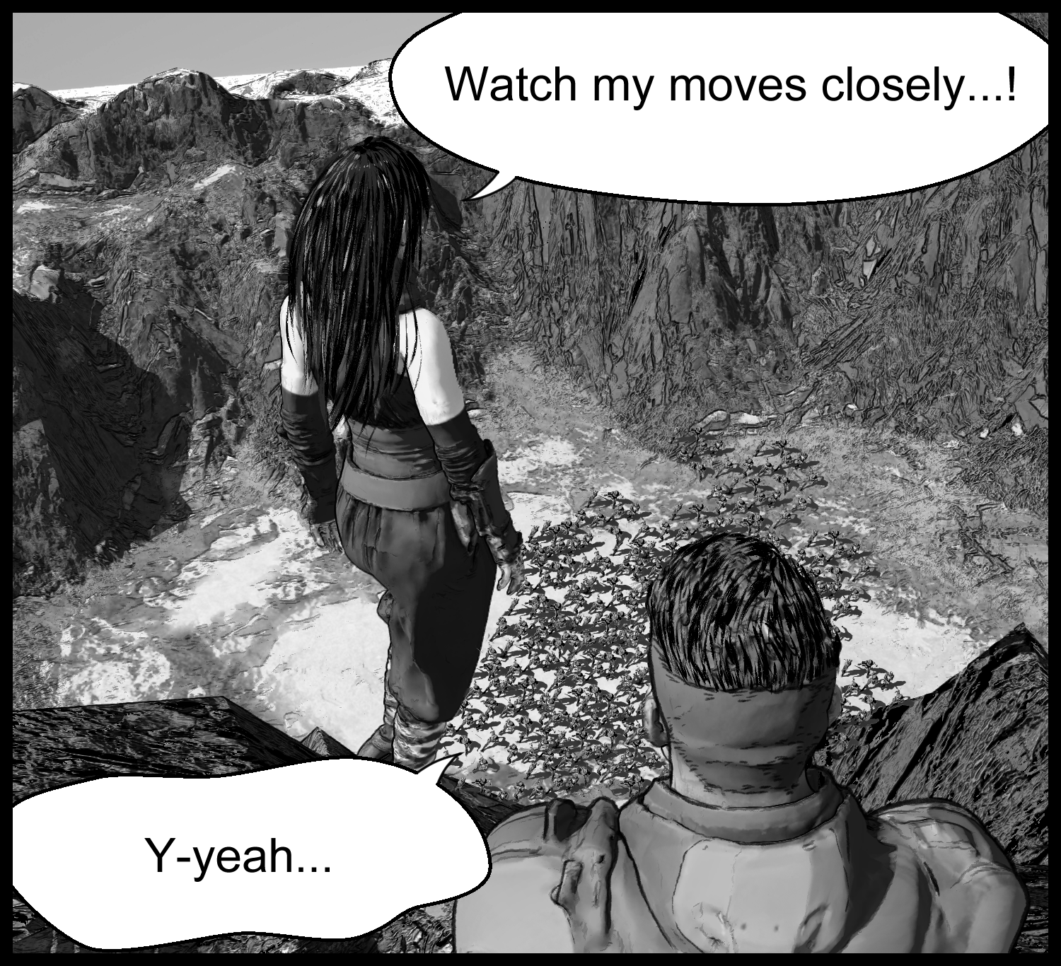 A tense pre-battle scene where Aria prepares to show a Rekka Ryū technique