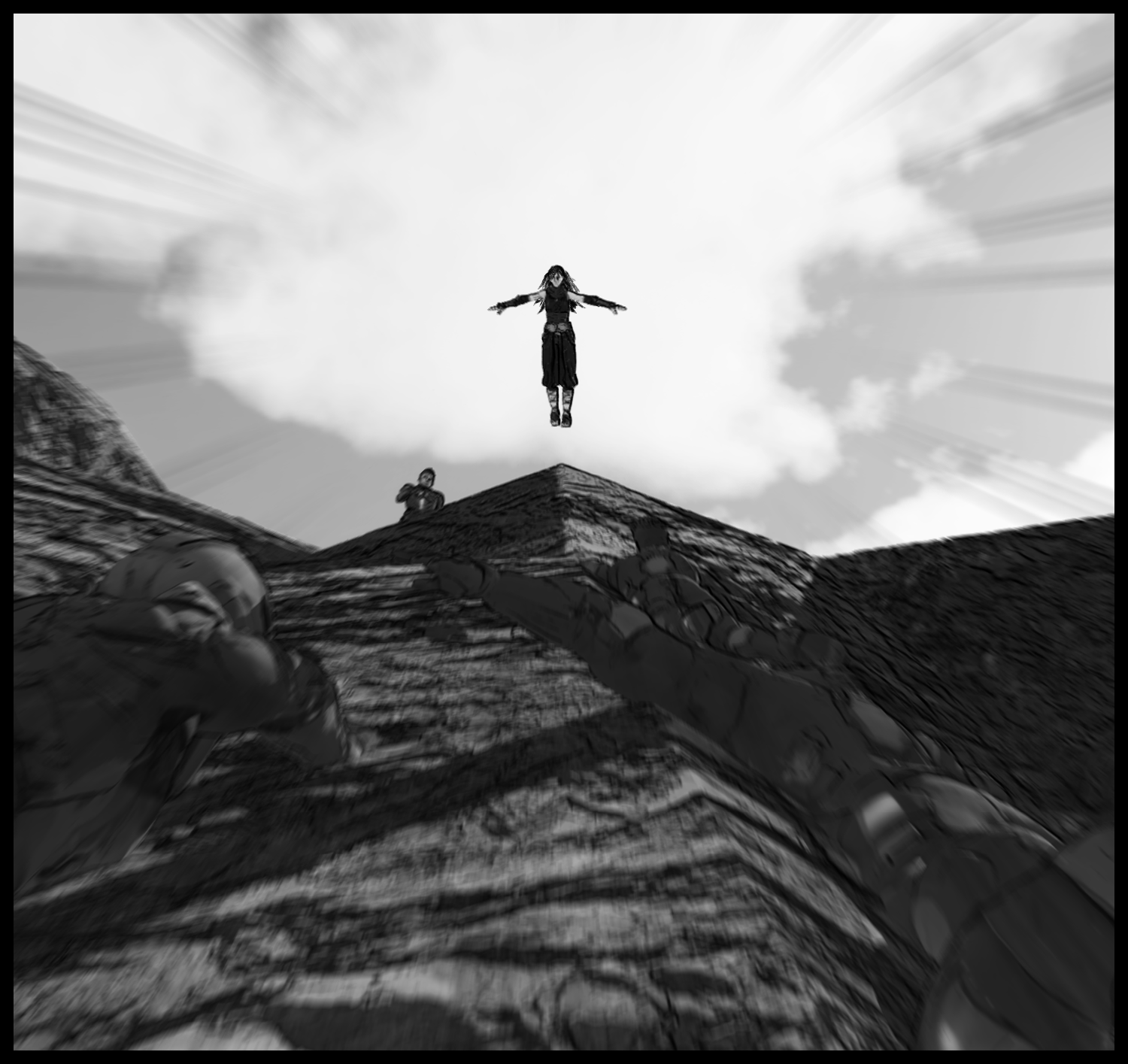 An impressive scene where Aria hovers above the rocky mountain and faces the enemy
