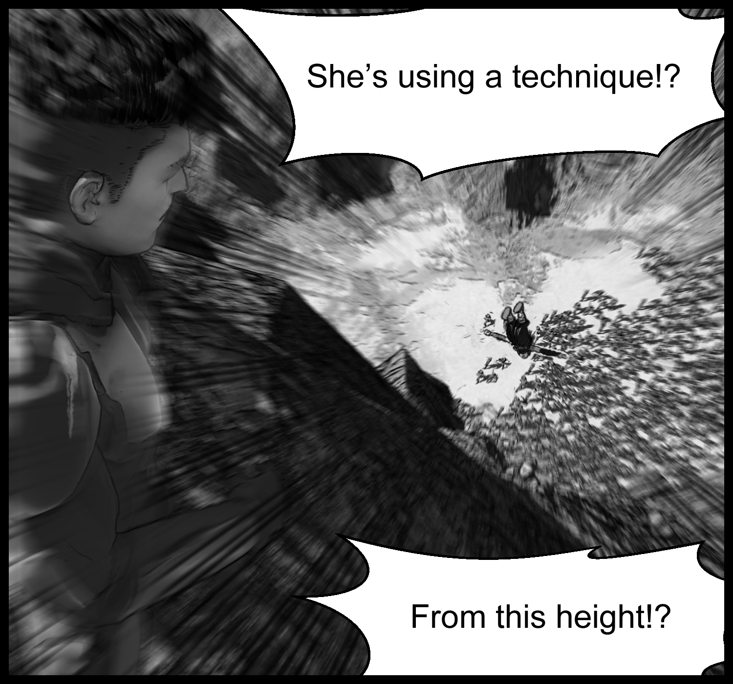An action scene where Aria prepares to unleash a technique from above as the protagonist watches in surprise