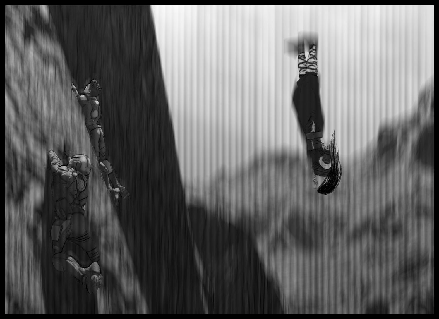 A dramatic scene where Aria attacks while falling upside down from a great height