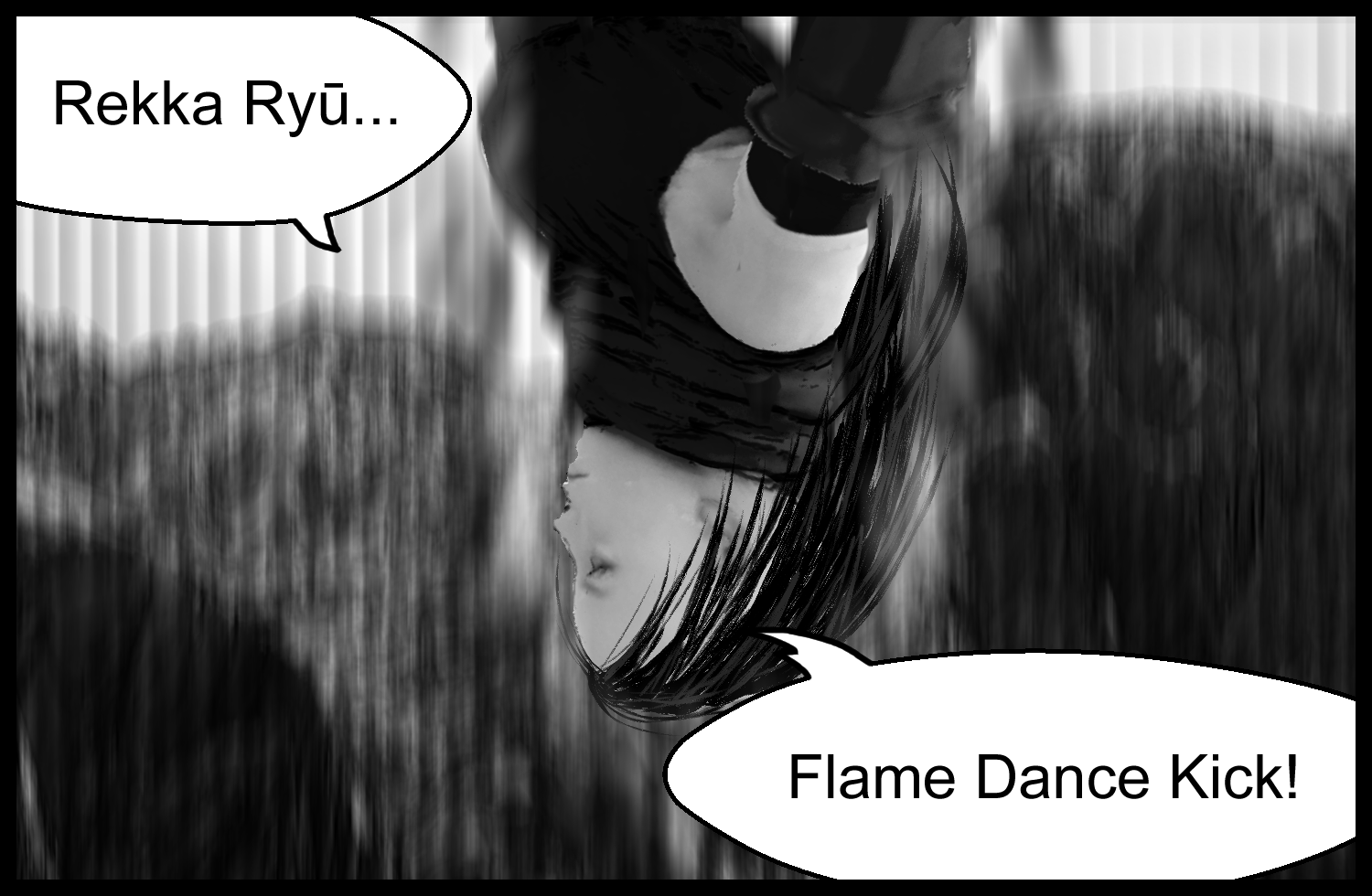 A fast-paced battle scene just before Aria unleashes the Rekka Ryū Flame Dance Kick