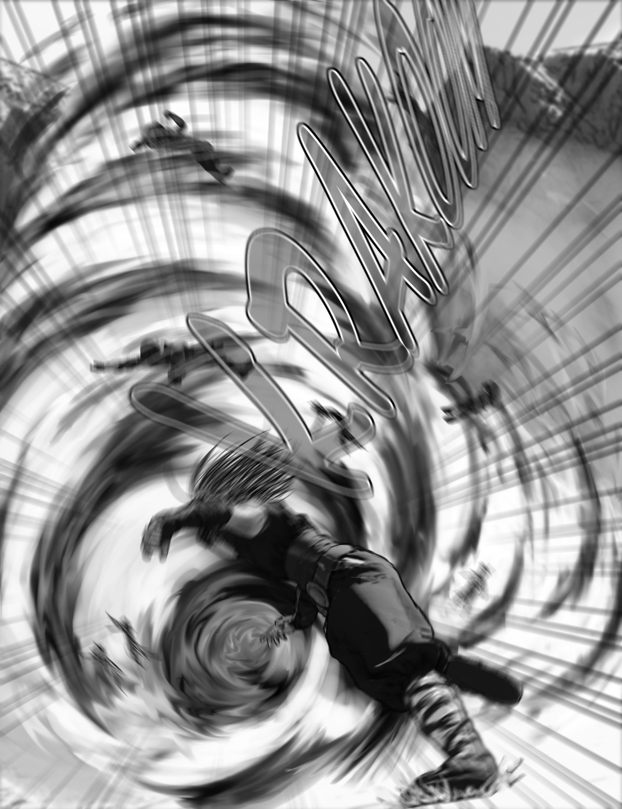 A powerful martial arts scene where a spinning, flame-like kick sweeps through the enemy