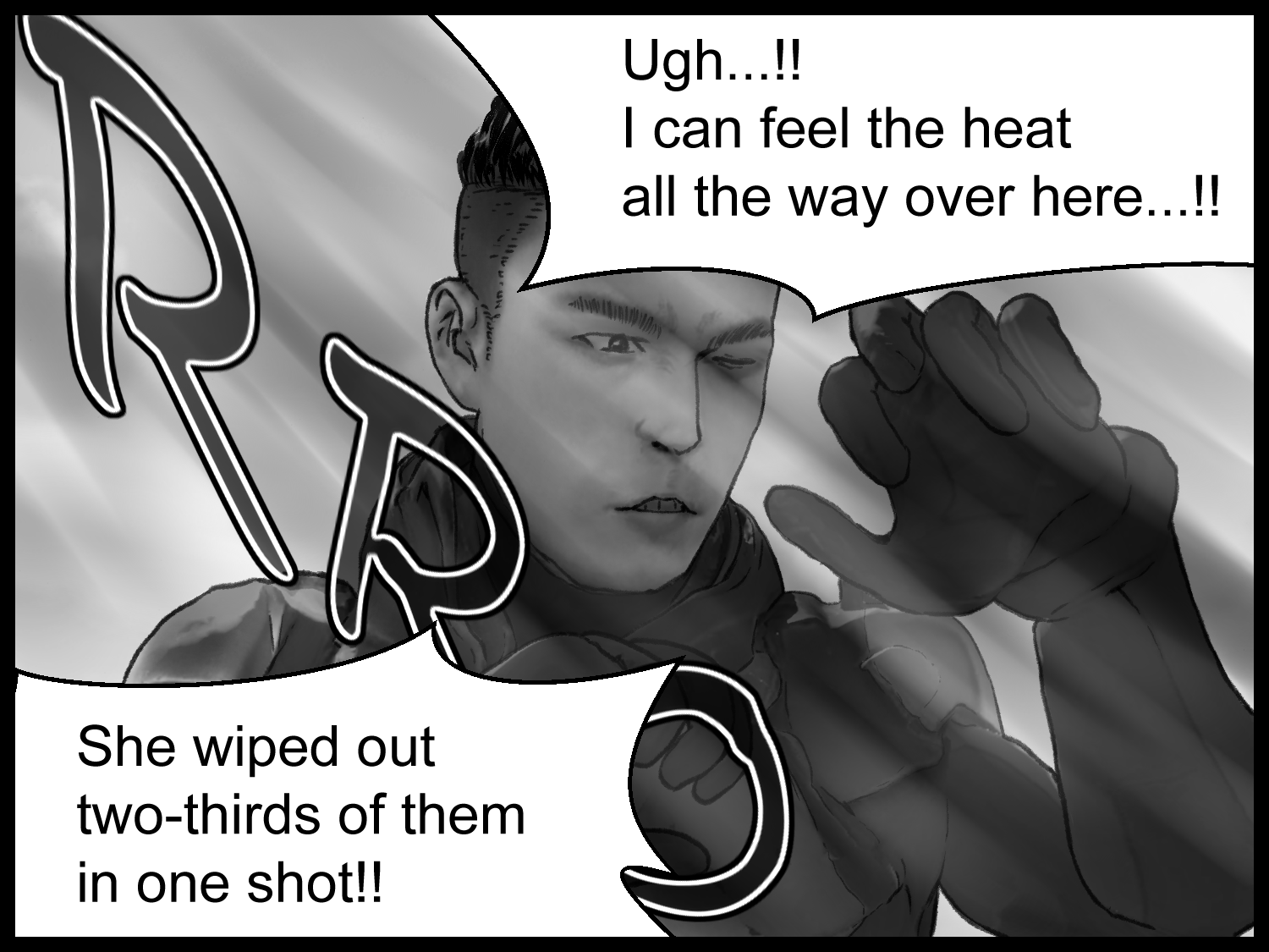 The protagonist reacts in shock to the power of the Flame Dance Kick during the fierce battle