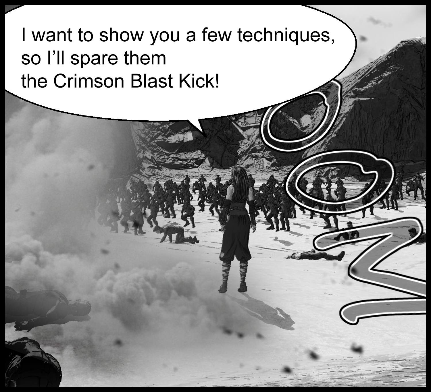 Aria declares that she will fight the enemy group without using the Crimson Blast Kick