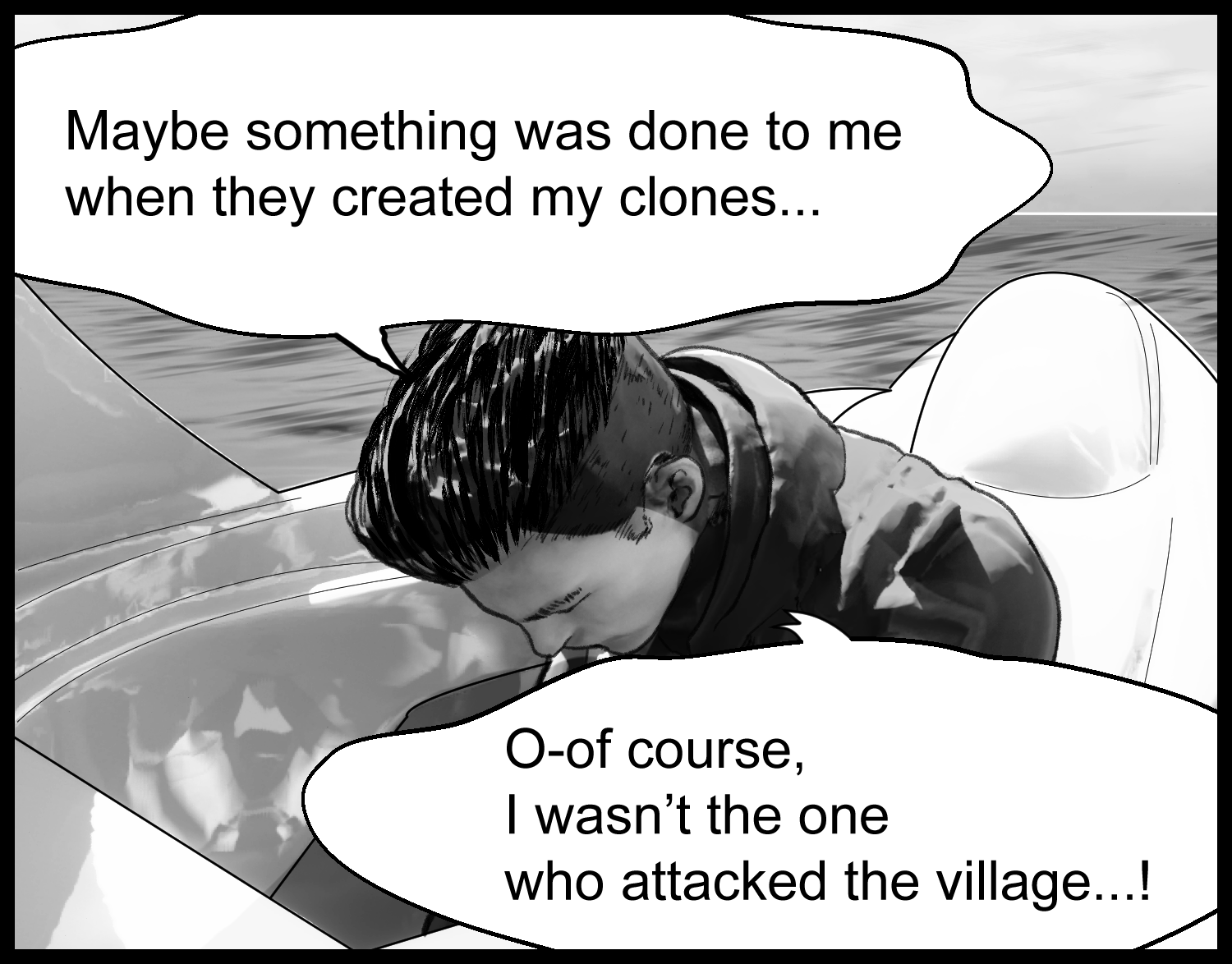 A tense conversation scene where the protagonist reflects on his name and lost memories