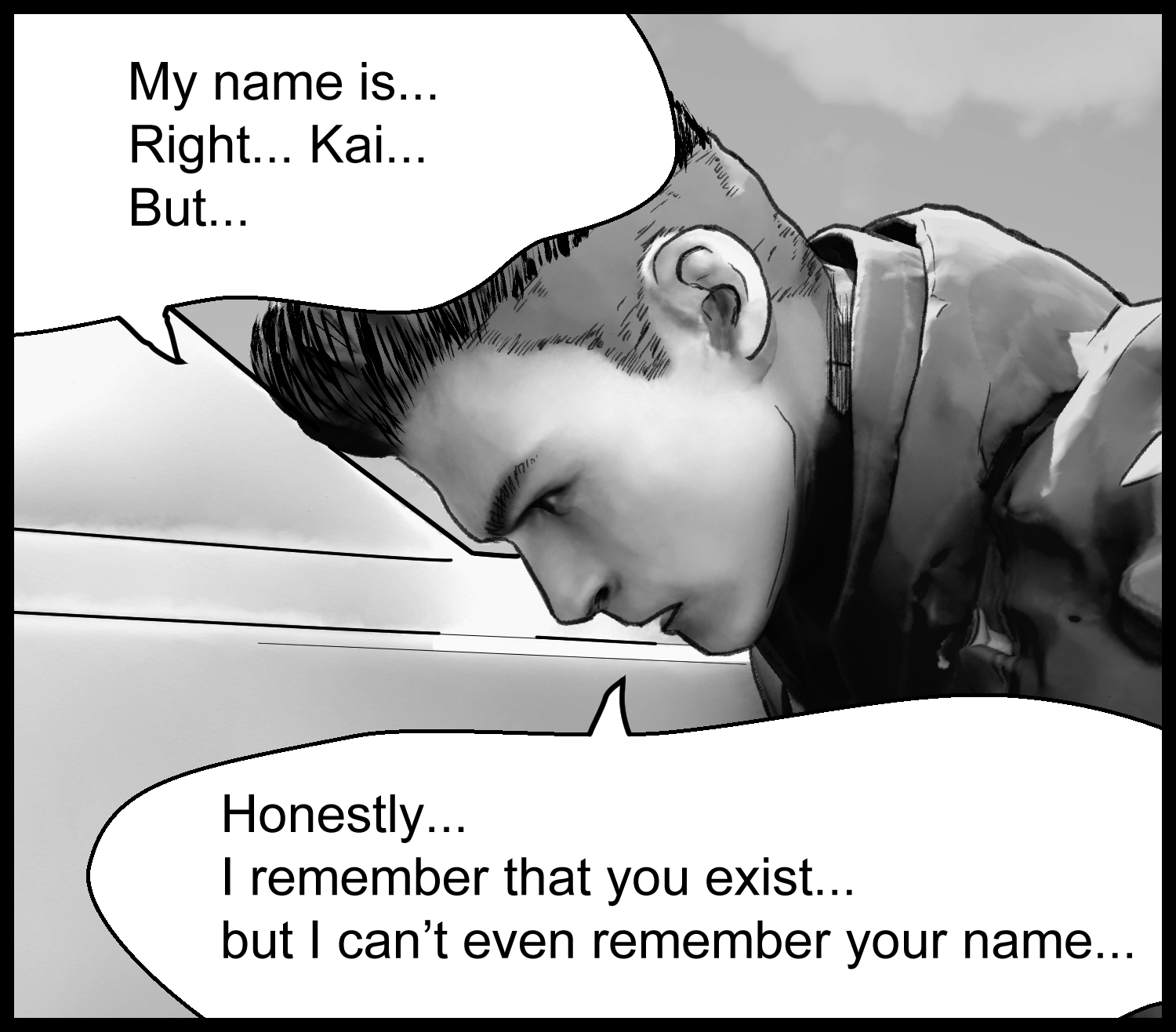 A tense conversation scene where the protagonist reflects on his name and lost memories