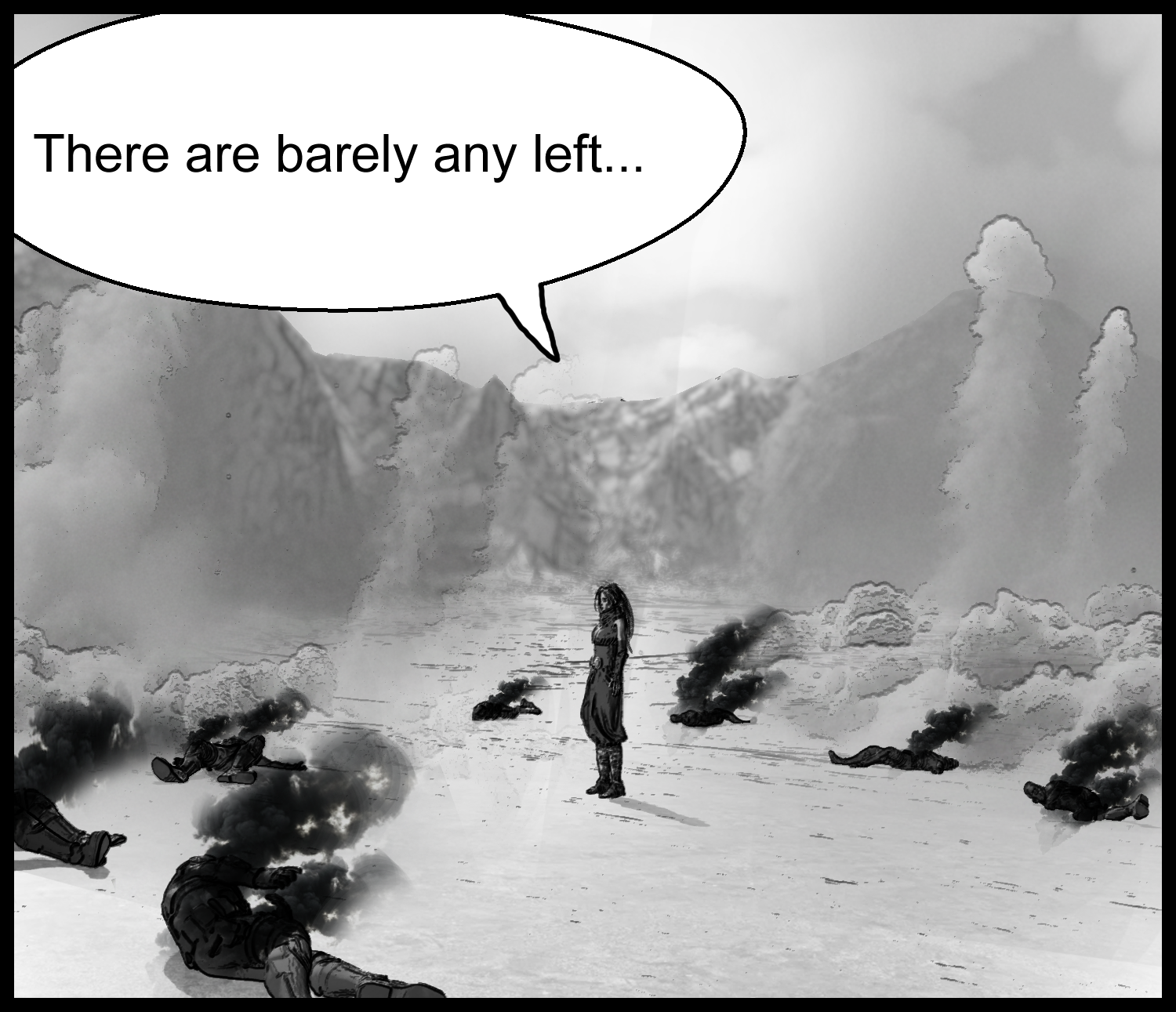 A post-battle scene showing fallen clone soldiers and Aria standing still
