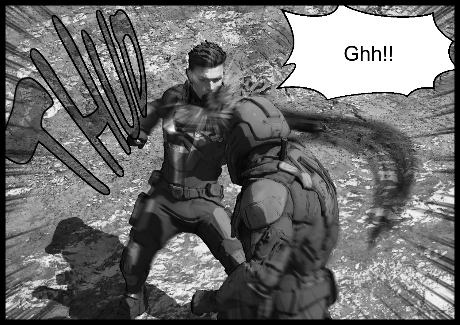 A powerful close-combat scene where the protagonist blocks a heavy strike from a clone soldier