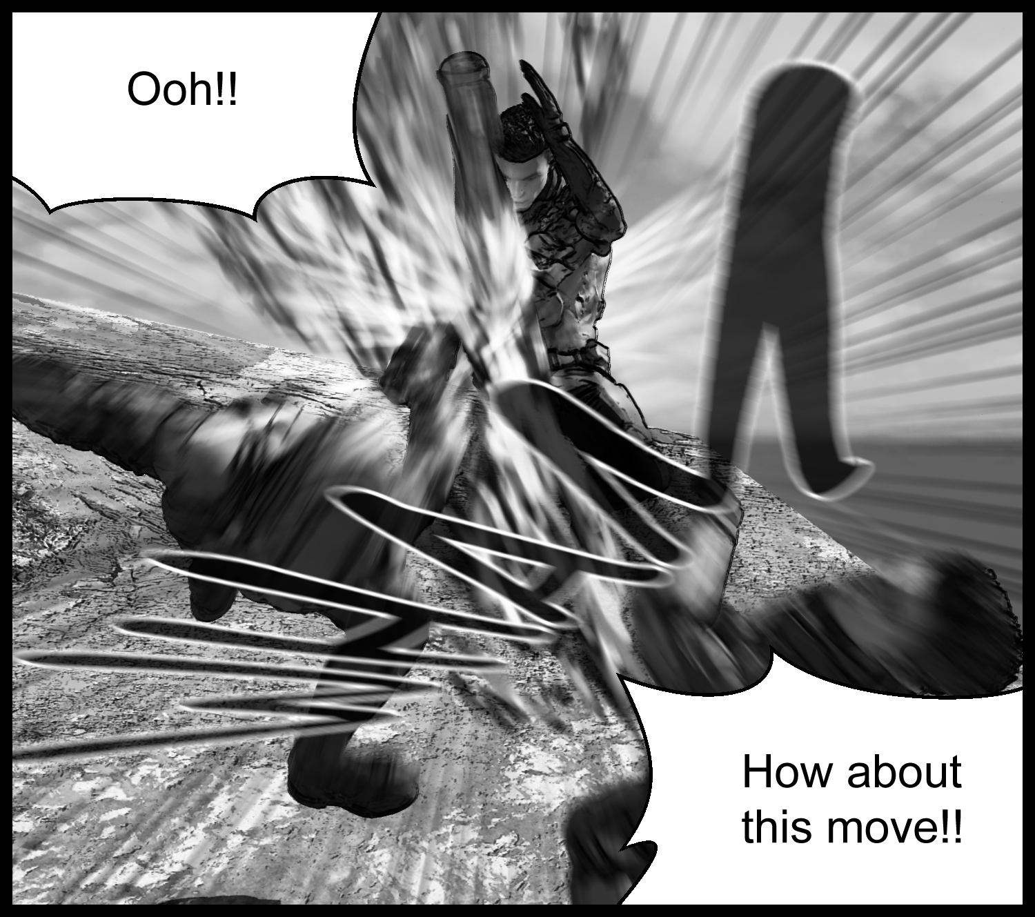 An action scene where the protagonist’s fierce kick knocks down the enemy