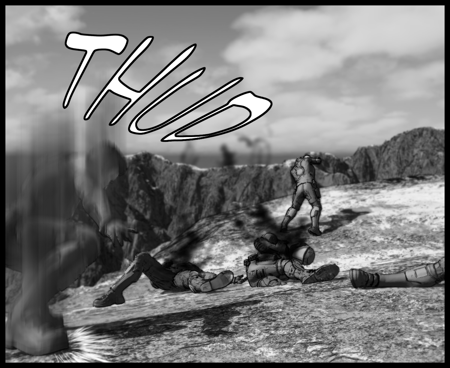 An action scene where the protagonist’s fierce kick knocks down the enemy