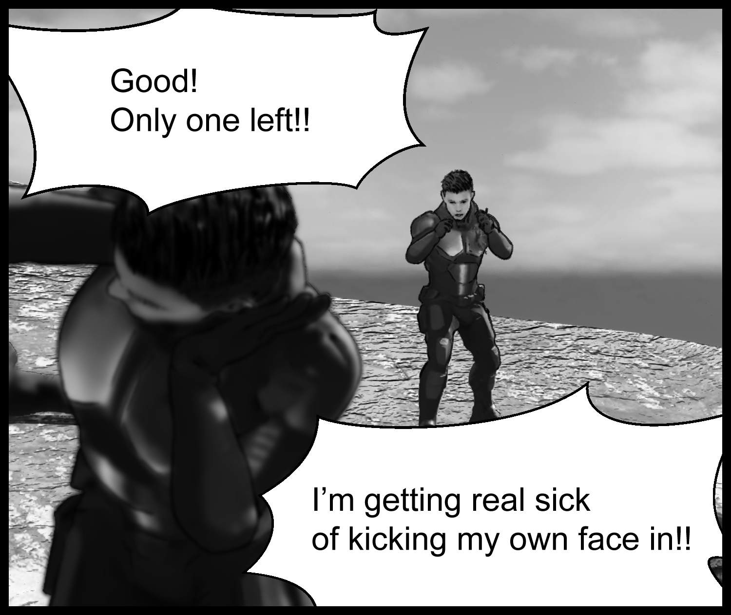 A mountain showdown scene where the protagonist faces the final enemy