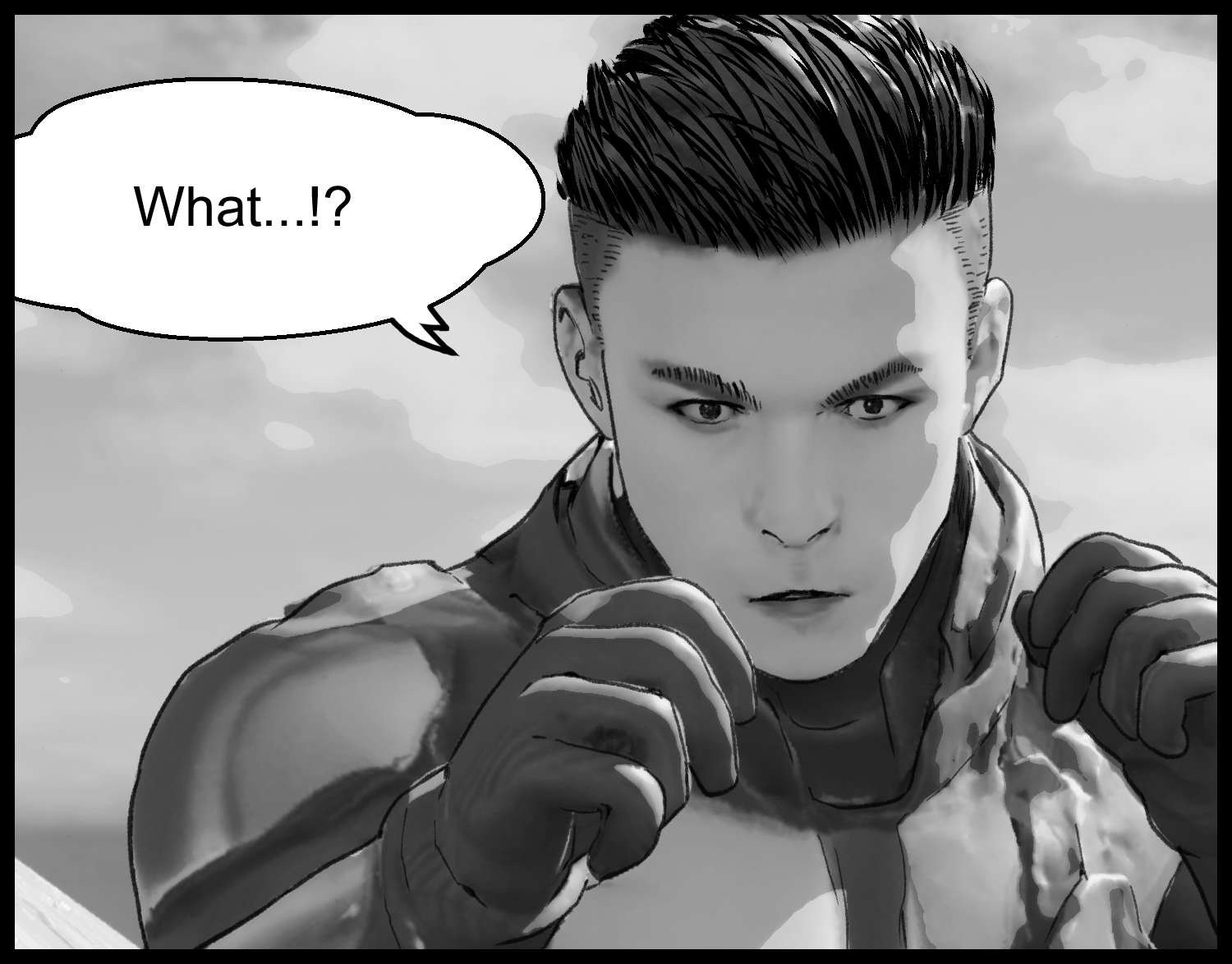 The protagonist looks confused as he faces a clone that is also showing confusion