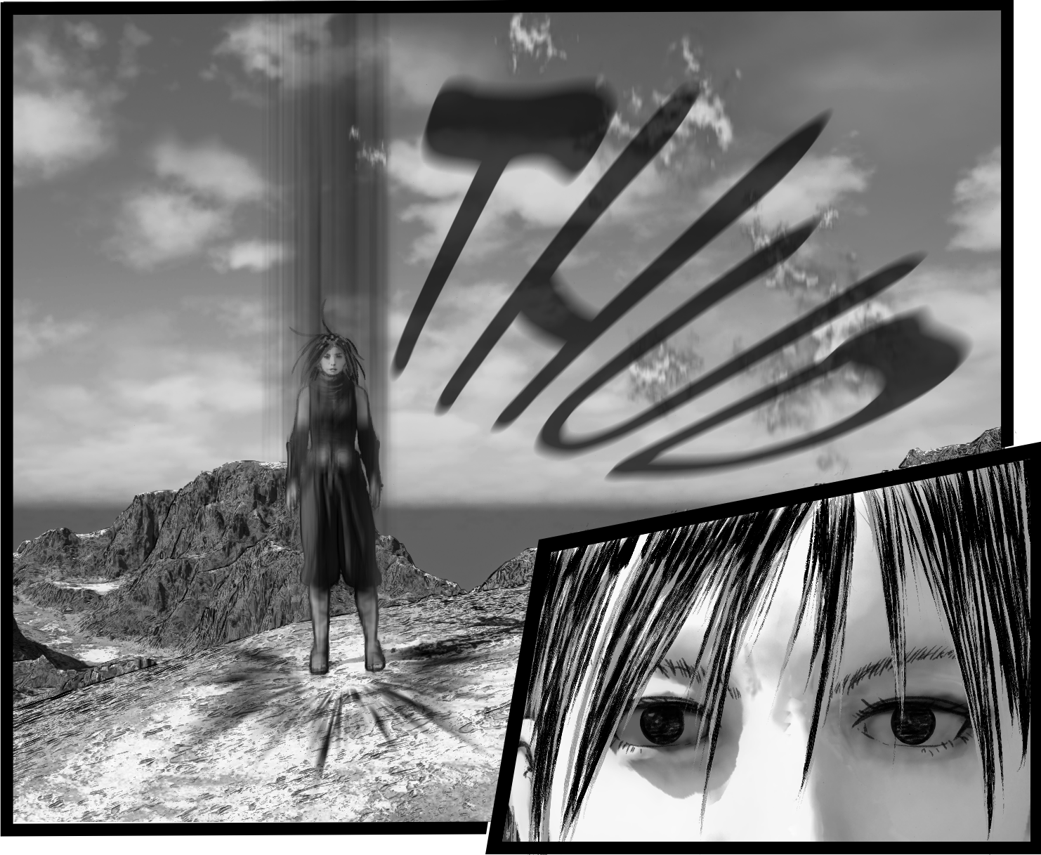 An impressive scene where Aria lands quietly and observes the situation with a sharp gaze