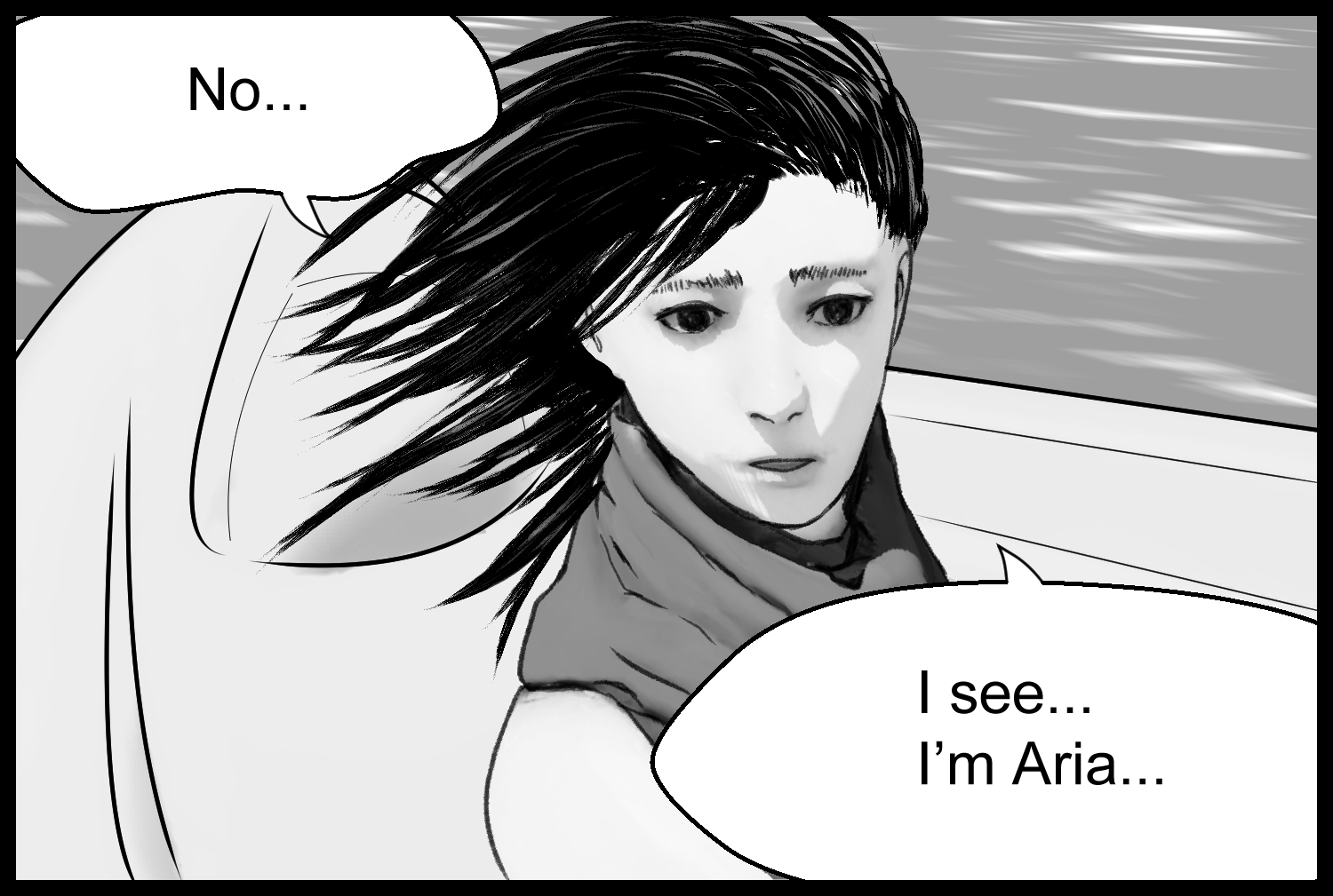 The mysterious girl Aria speaks to the protagonist during a quiet conversation on the water
