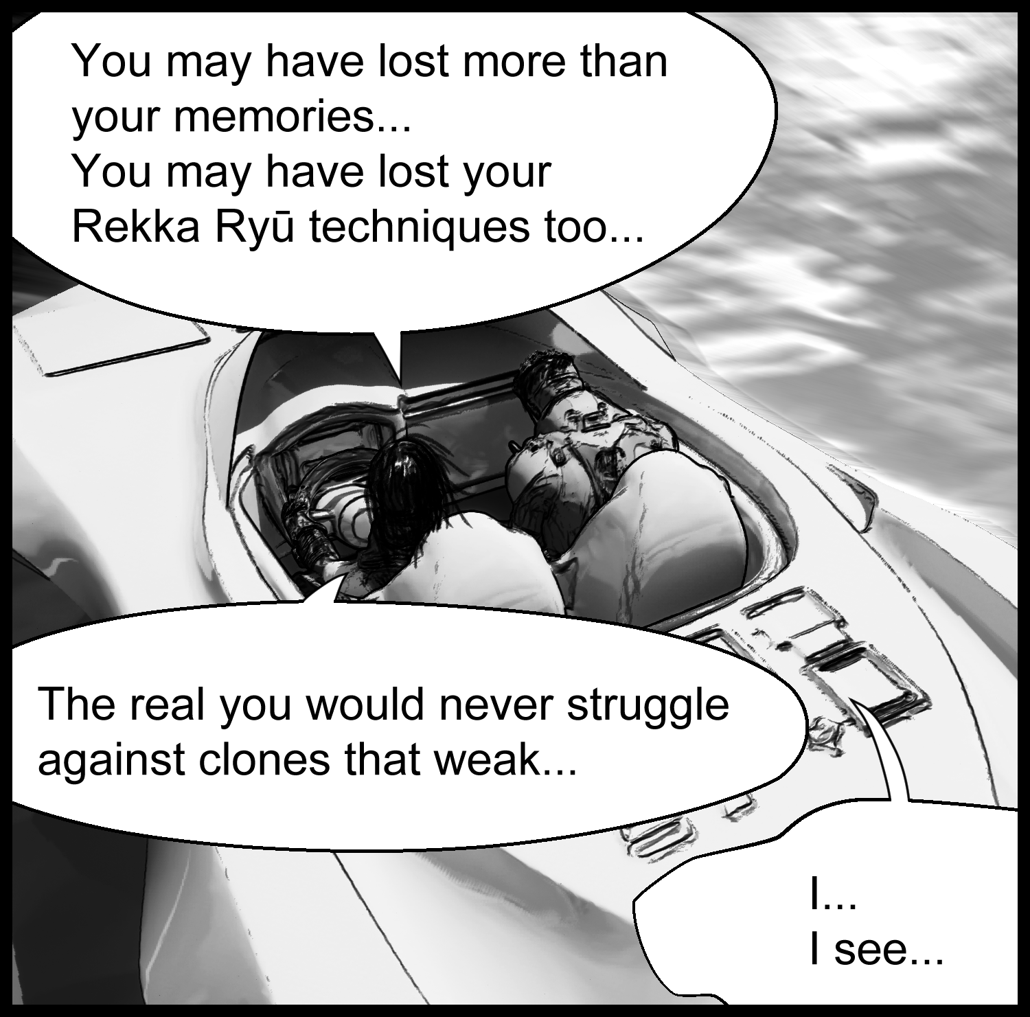 Aria and the protagonist discuss the mystery of his memories while traveling by small boat