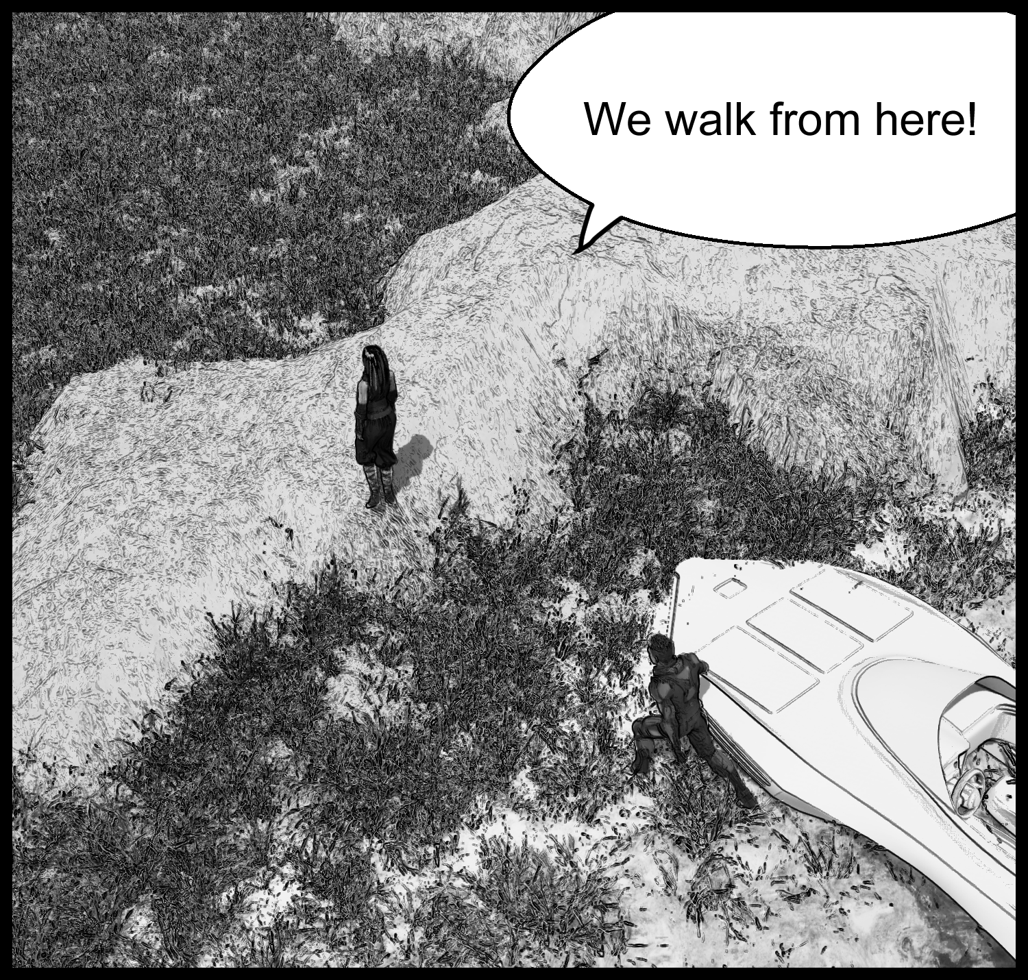 The protagonist and Aria land on the rocks and begin moving along a harsh path
