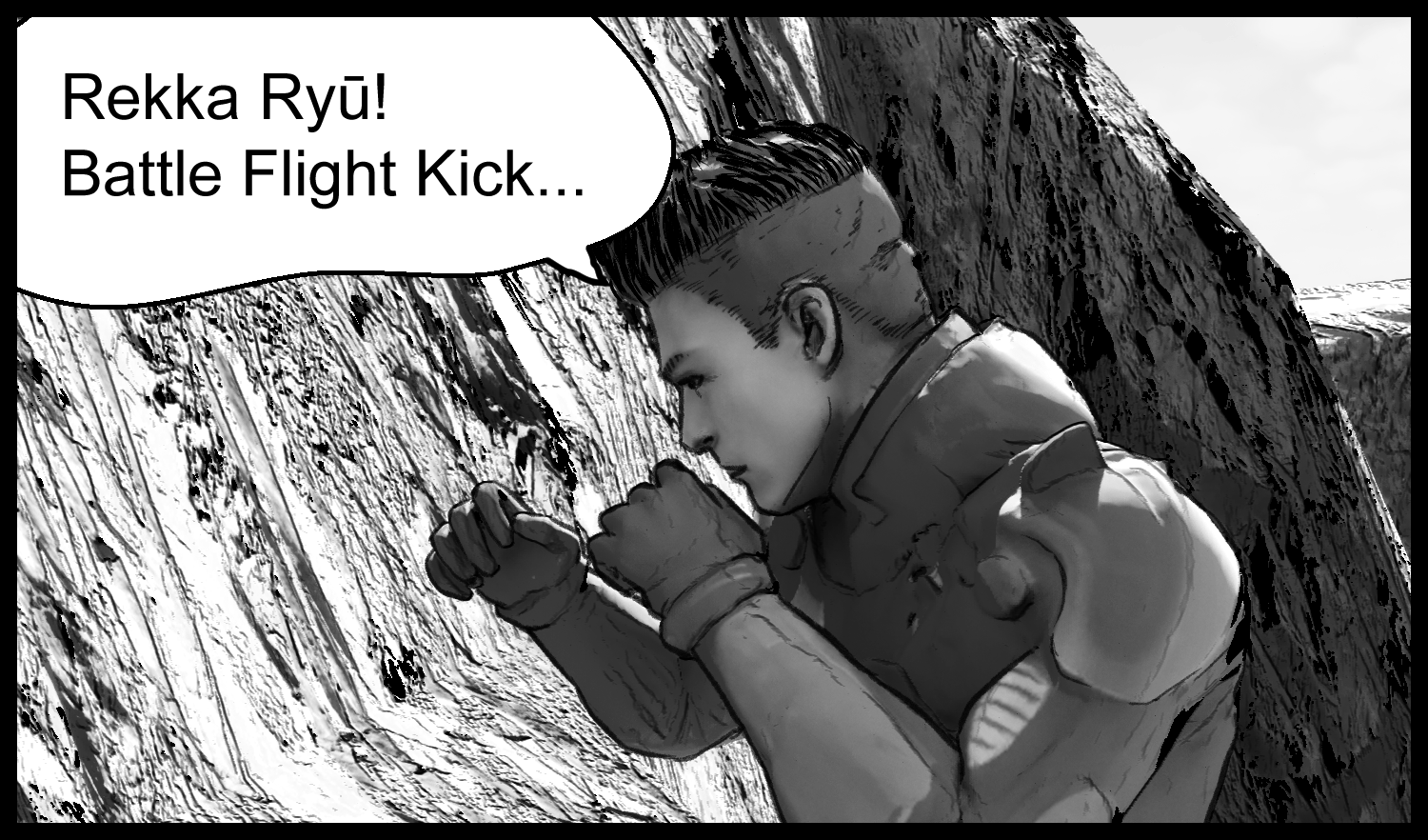 An action scene where the protagonist uses a Rekka Ryū technique to leap toward the rocky mountain