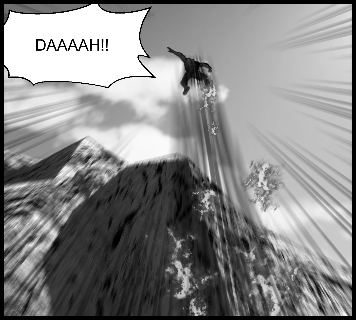 A powerful scene looking up at the protagonist as he launches upward toward the rocky mountain