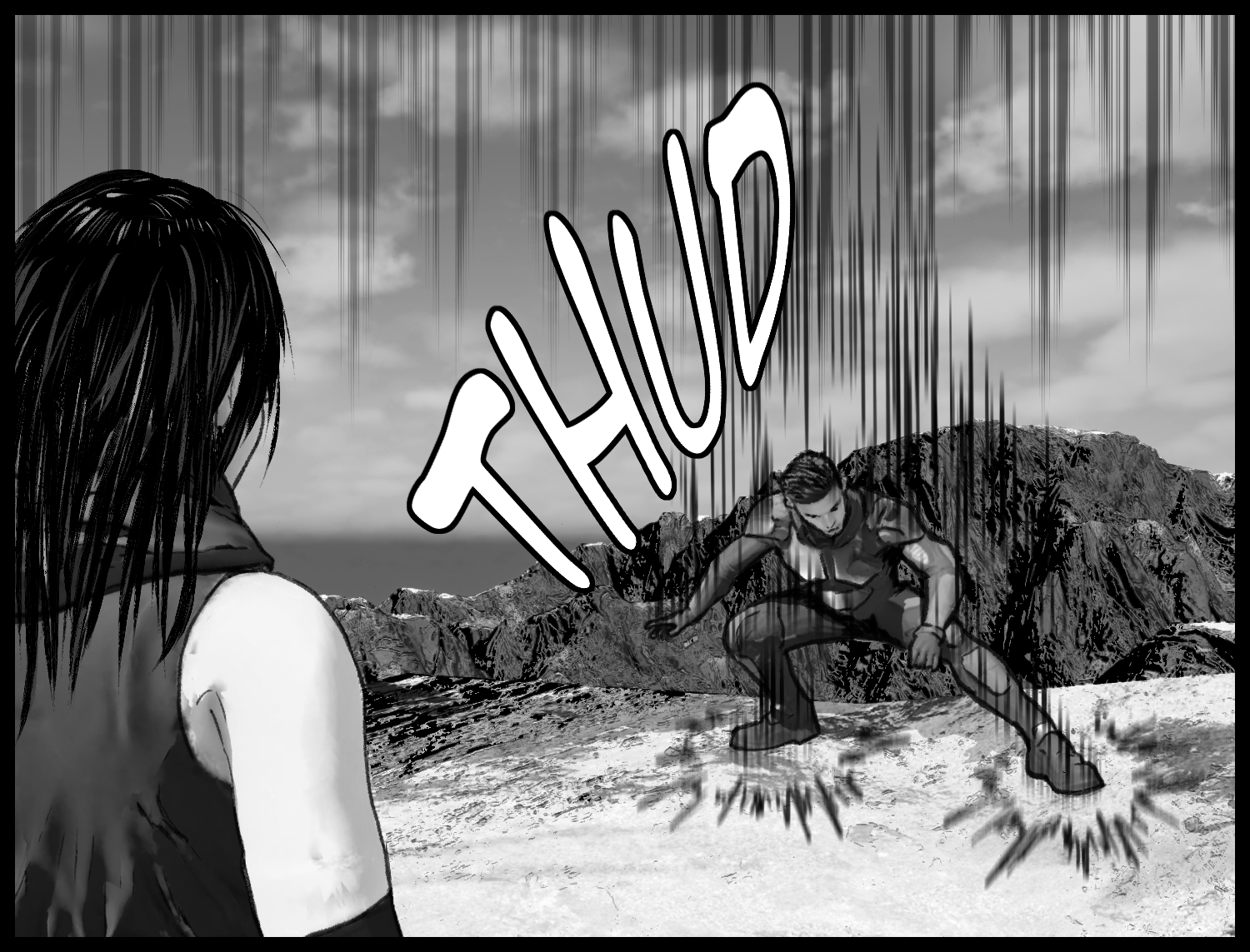 An action scene where the protagonist uses a Rekka Ryū technique to leap toward the rocky mountain
