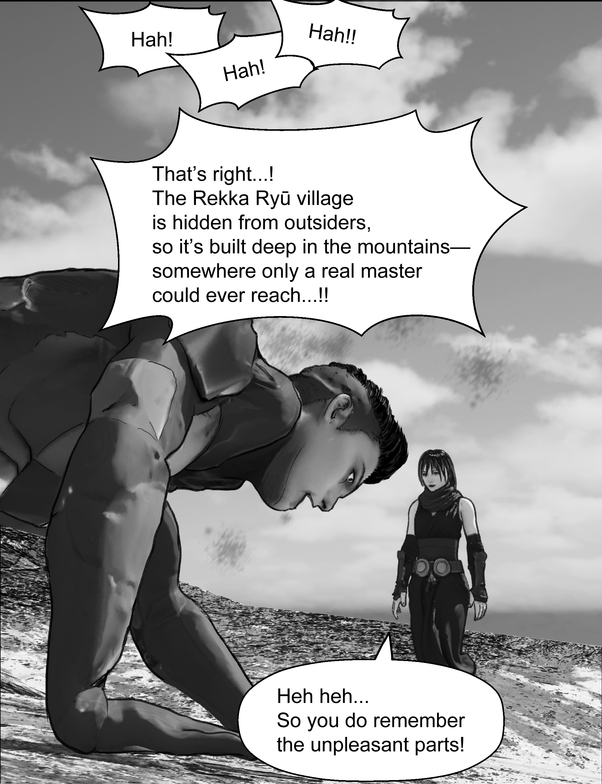 The protagonist climbs the rocky mountain using Rekka Ryū while recalling the harshness of the mountains
