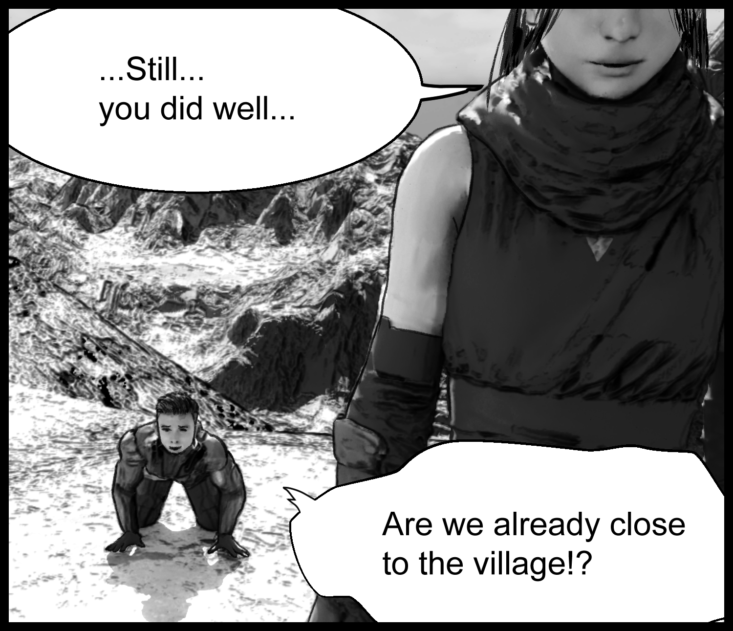 Aria acknowledges the protagonist’s effort during a conversation in the mountain terrain