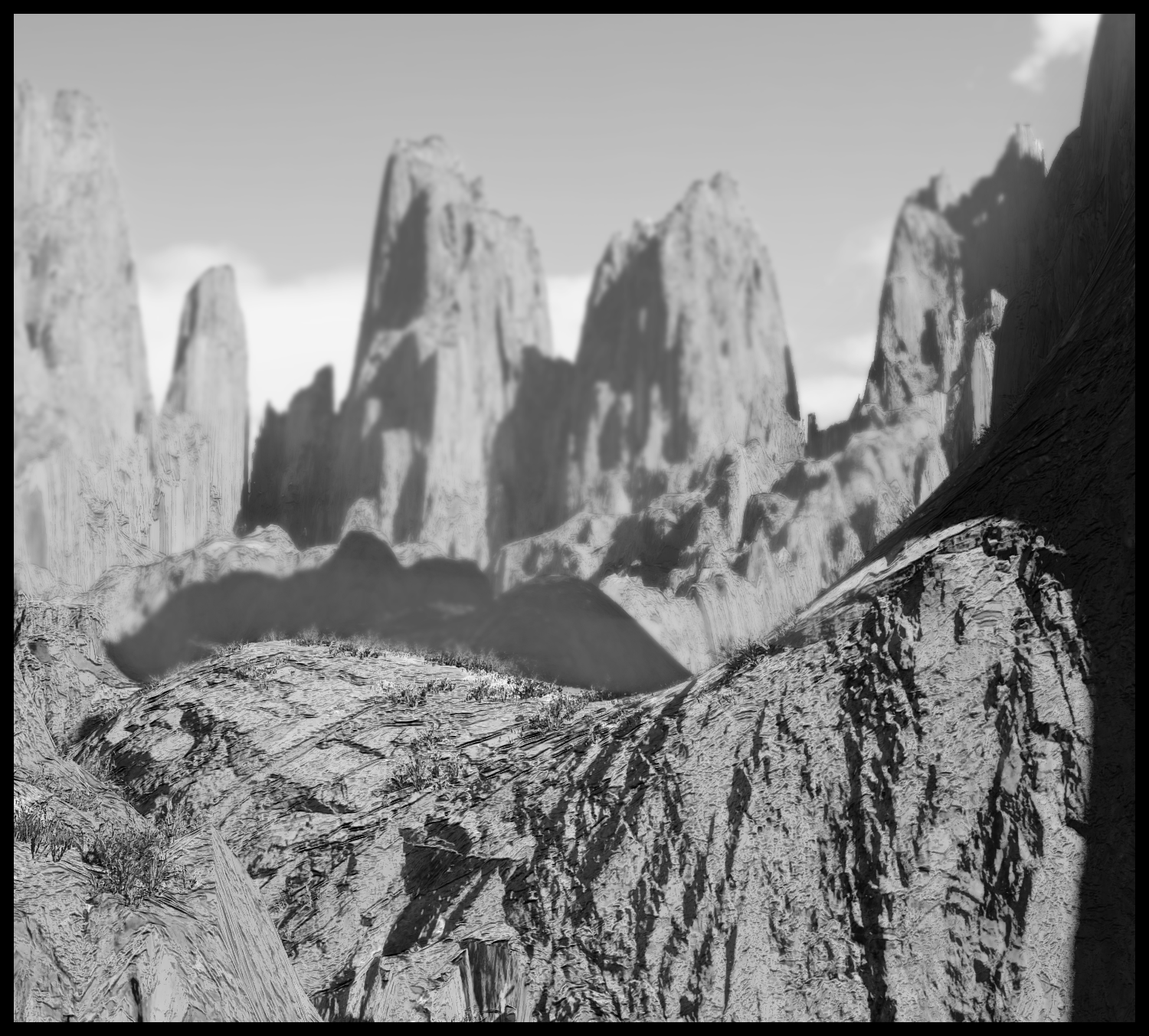 A view of a mountain village surrounded by rocky cliffs, the opening scene of Cloning of... Episode 4