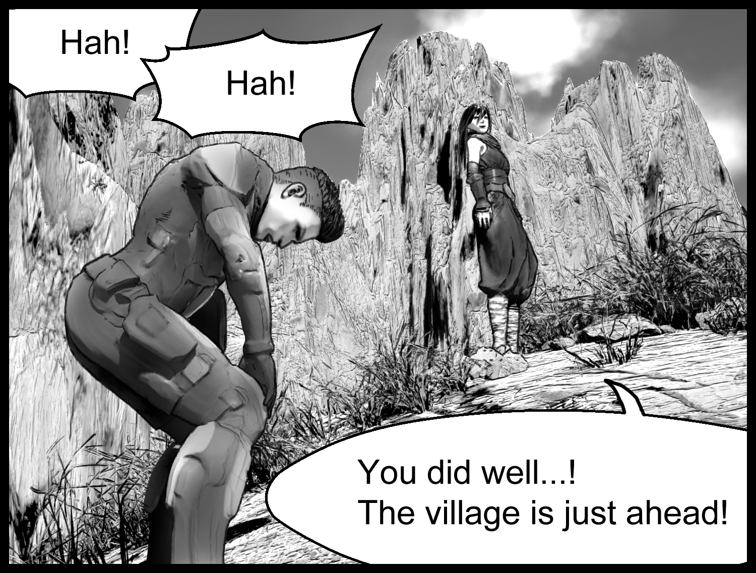 The protagonist and Aria catch their breath and talk in the mountain region