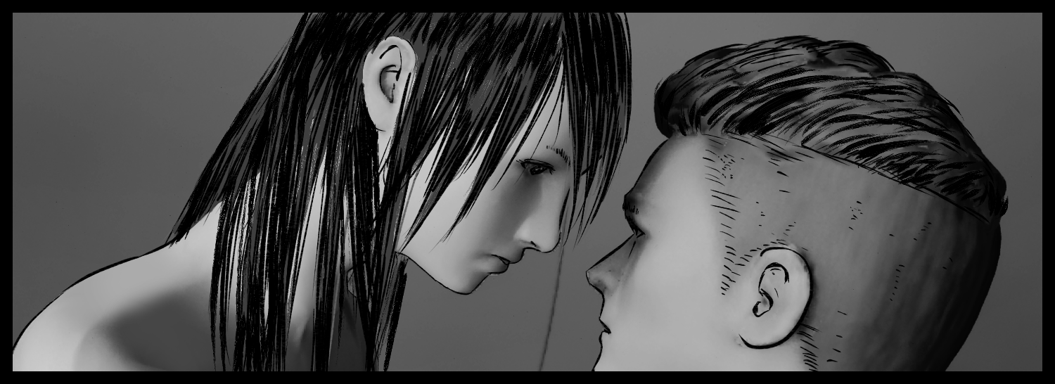 The protagonist and Aria face each other at close range in an emotional scene