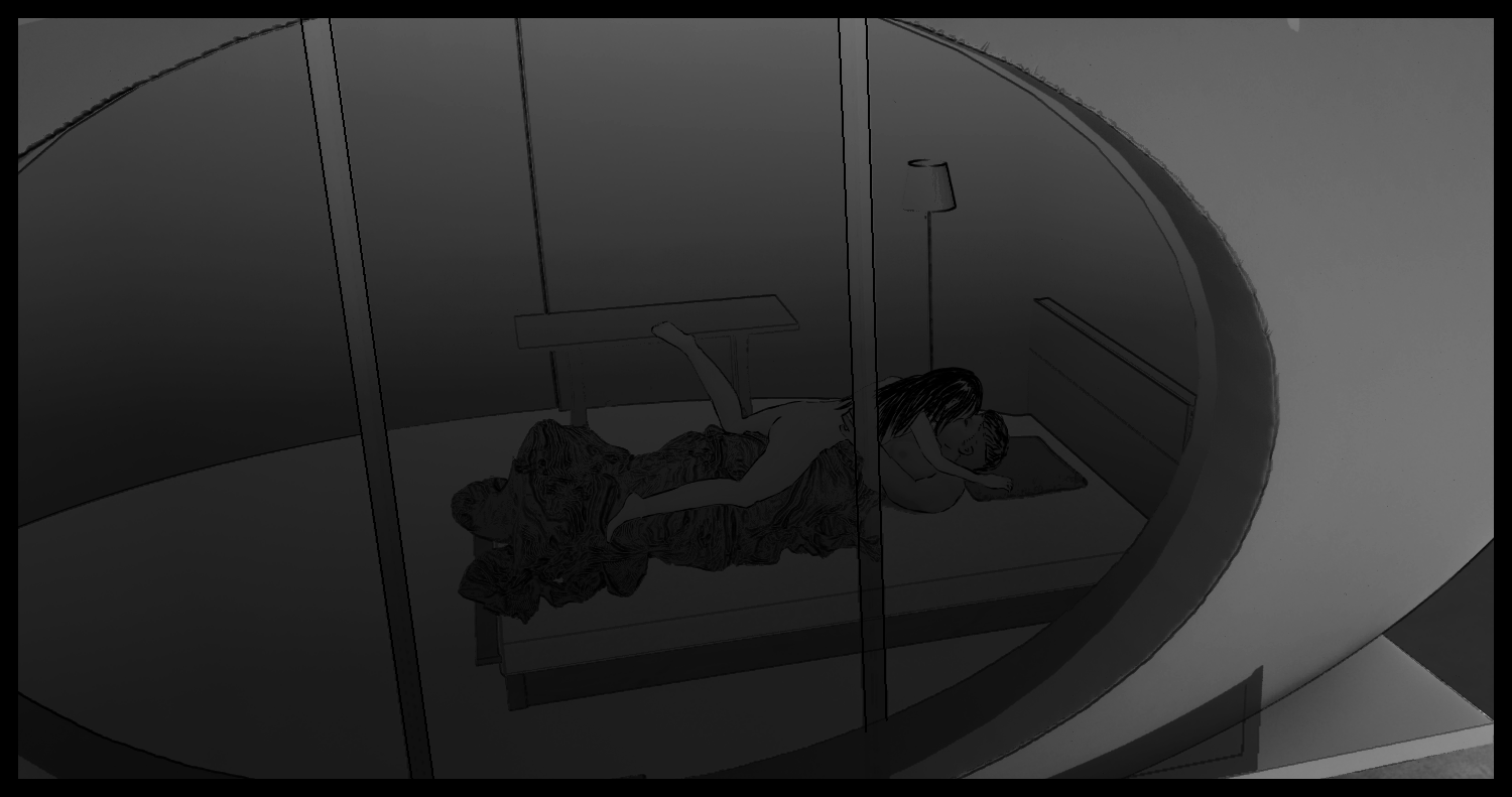 A night scene showing the two from outside the bedroom