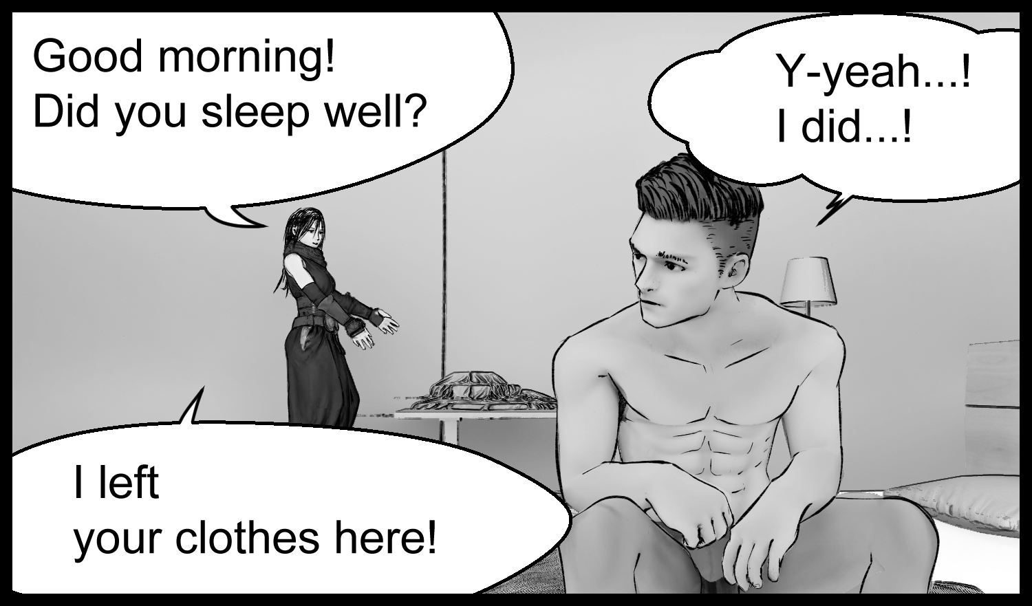 Aria hands the protagonist a change of clothes during a morning conversation