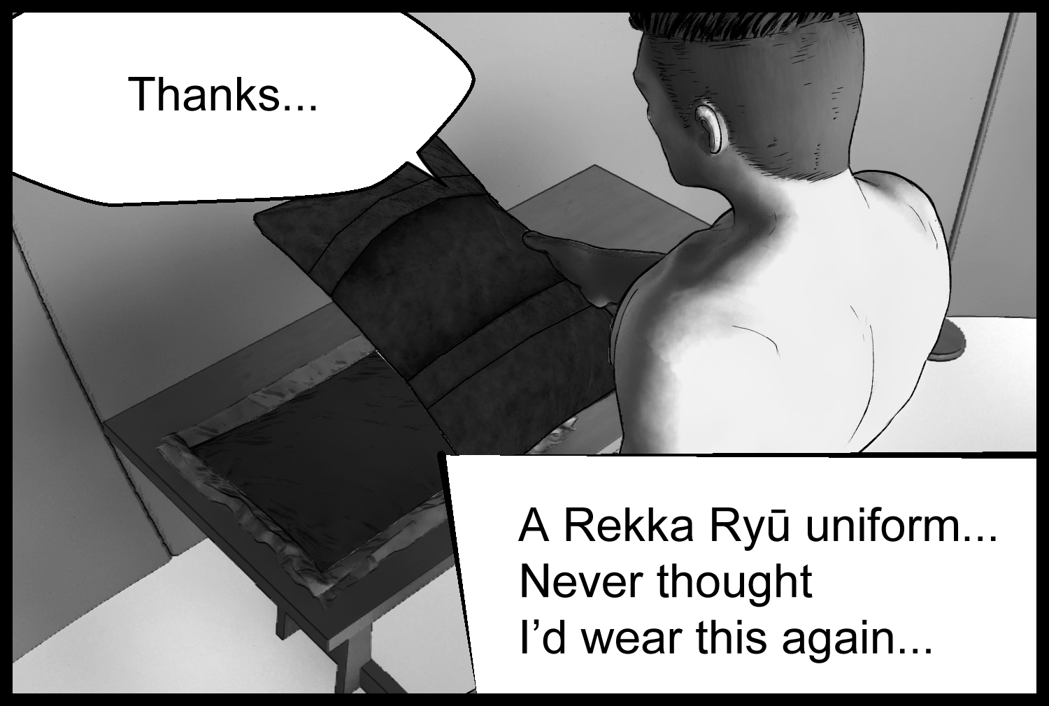 The protagonist looks at the Rekka Ryū uniform and feels a connection to his past