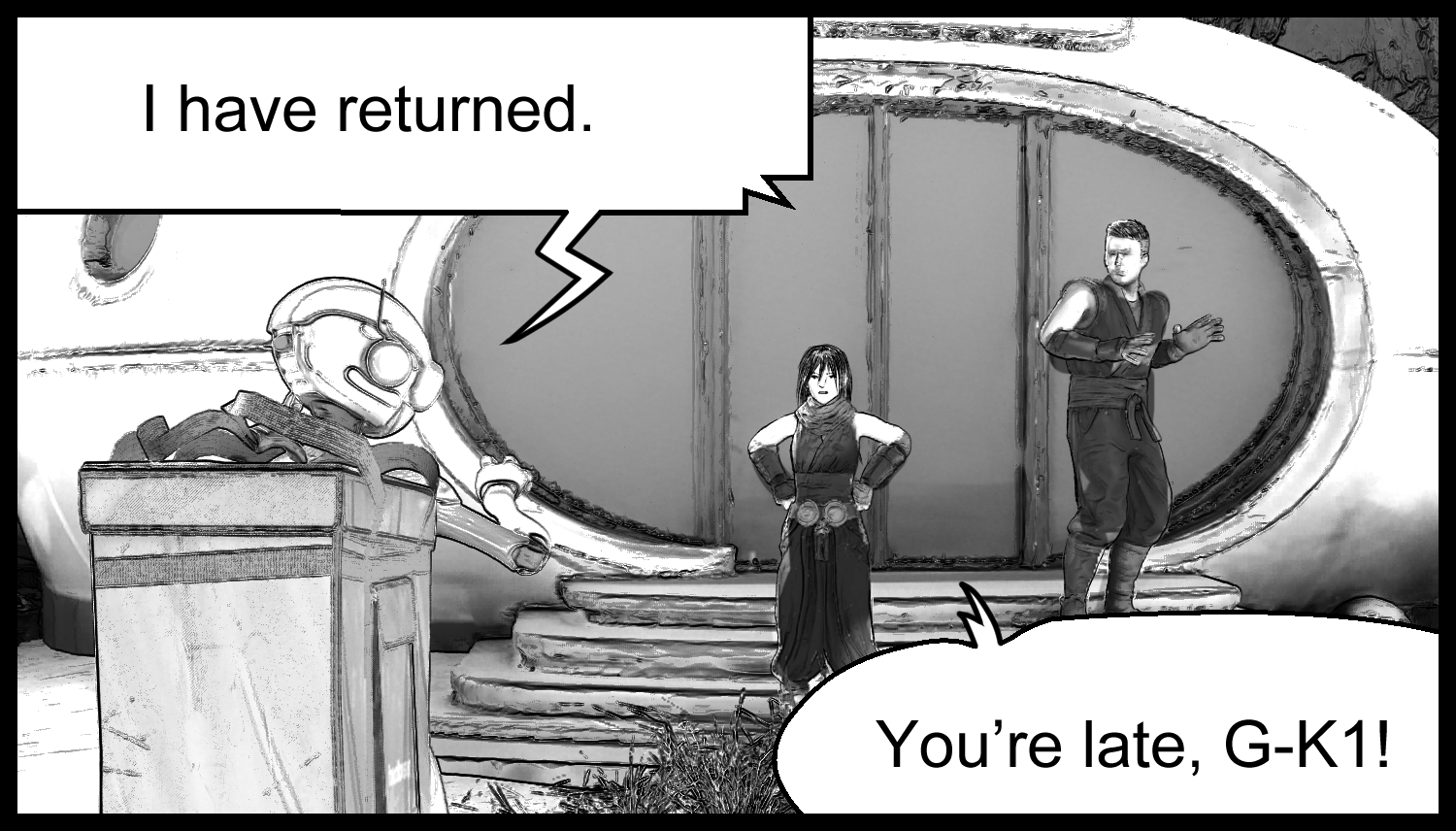 G-K1 returns from shopping and reports back to Aria