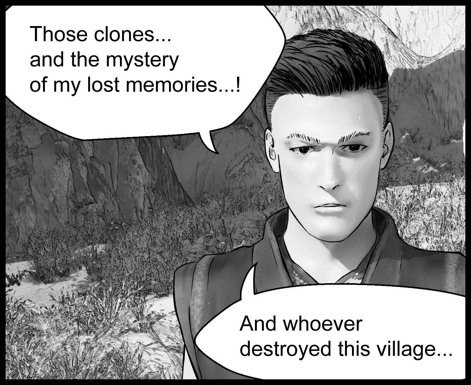 The protagonist talks about the clone soldiers and the mystery of his lost memories
