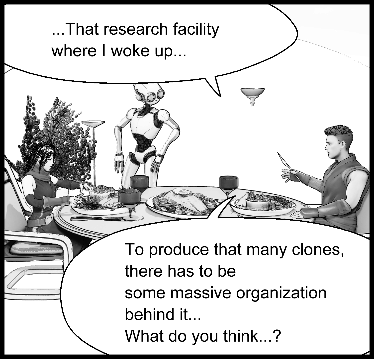 The protagonist, Aria, and G-K1 discuss the research facility at the table