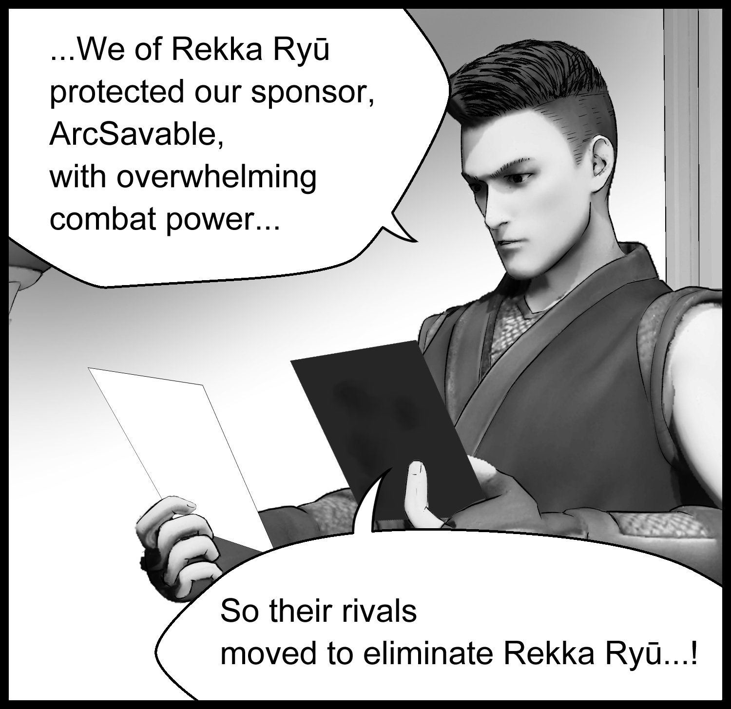 The protagonist and the others consider the corporate motives surrounding Rekka Ryū