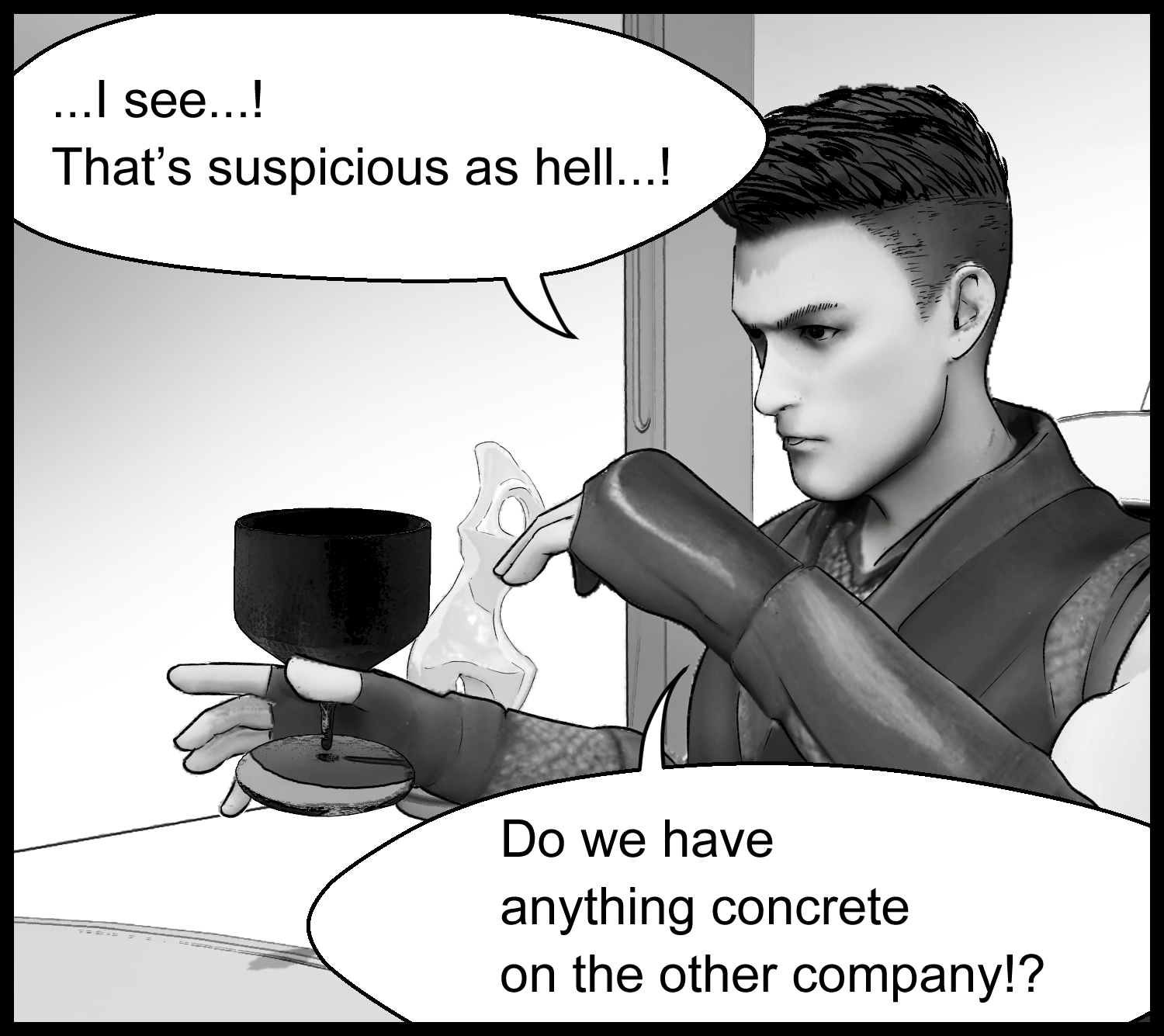 The protagonist asks Aria about the other company