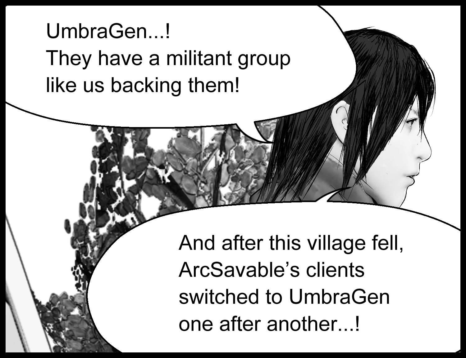 Aria explains the connection between Umbragen Corporation and a militant group