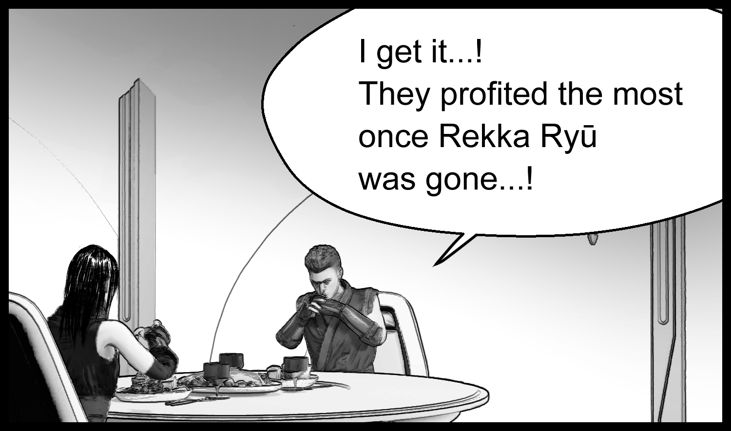 The protagonist realizes that one company benefited after the village was destroyed