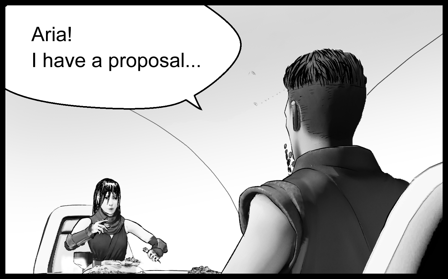 After thinking it through, the protagonist makes a proposal to Aria