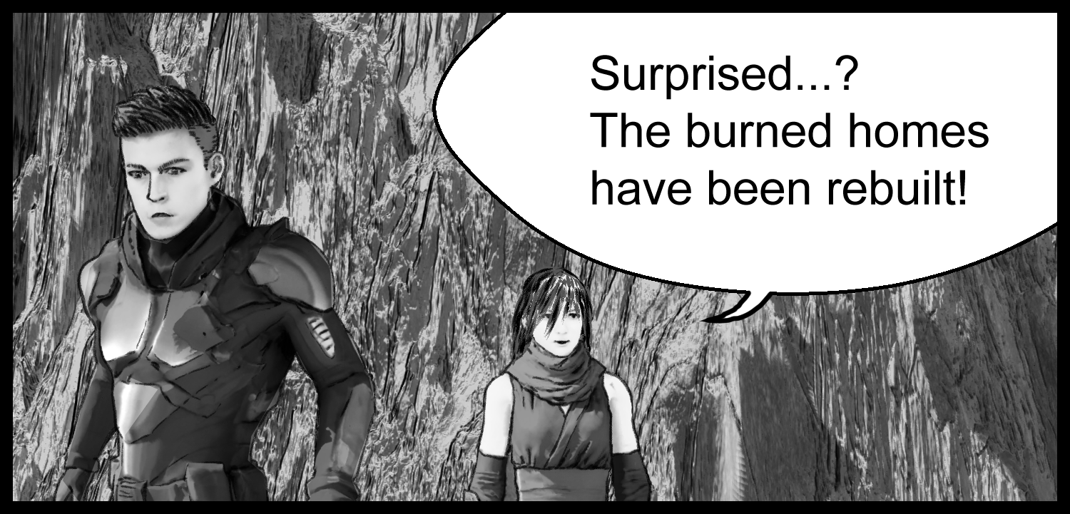 Aria explains the reconstruction of the village to the protagonist