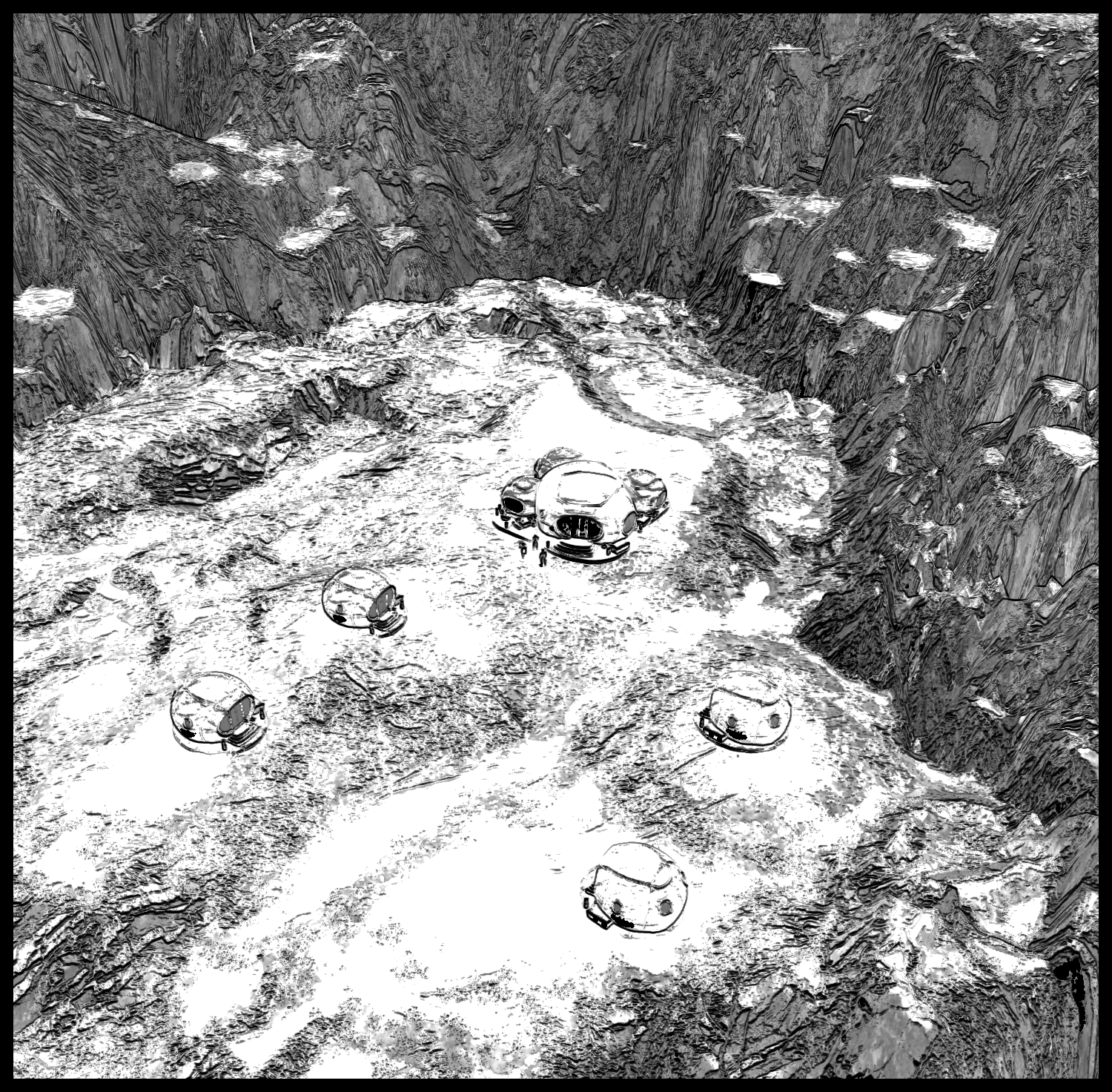 An overhead view of the village surrounded by rocky mountains, closing scene of Episode 4