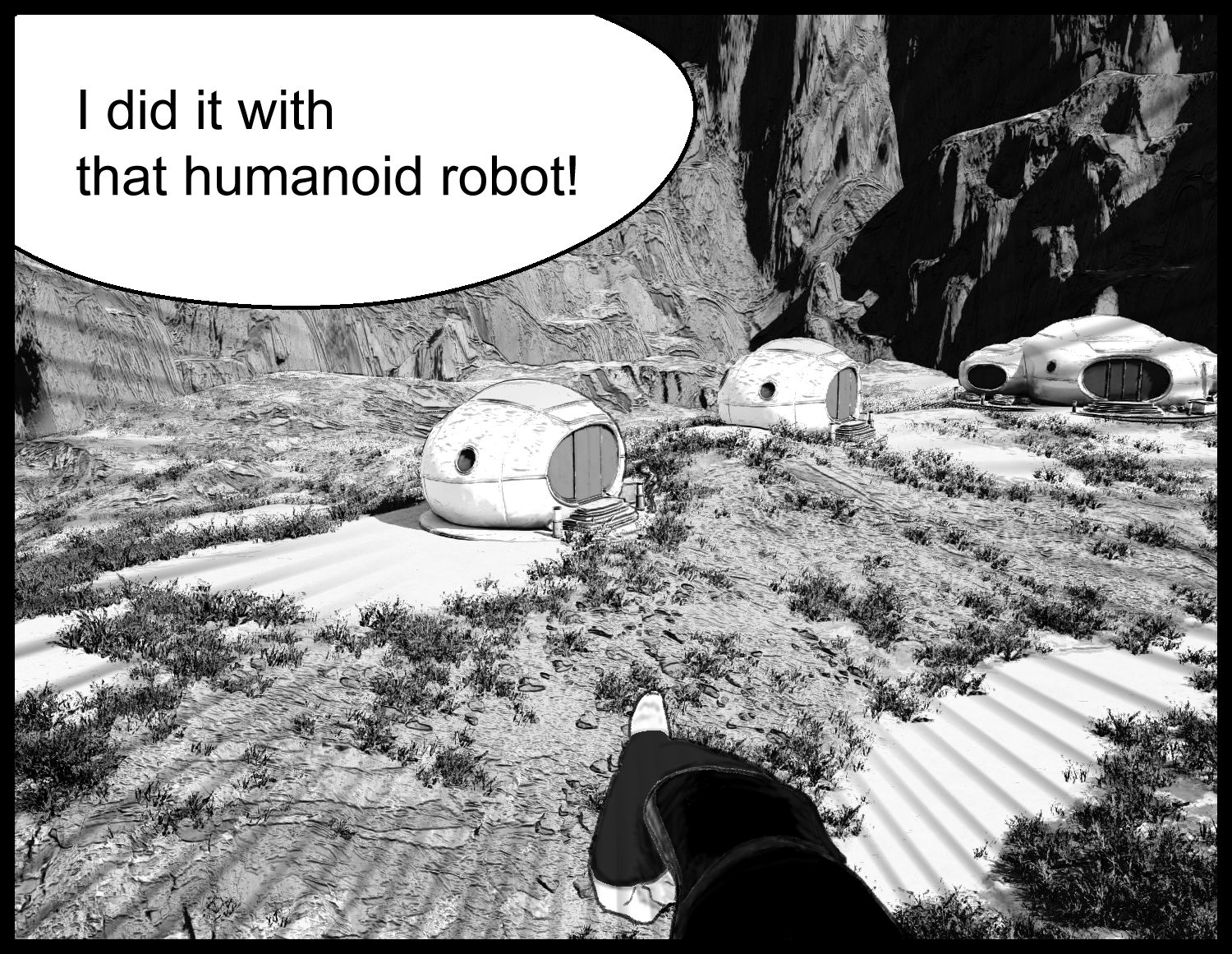 A sci-fi manga scene where an AI robot is discussed in front of white houses