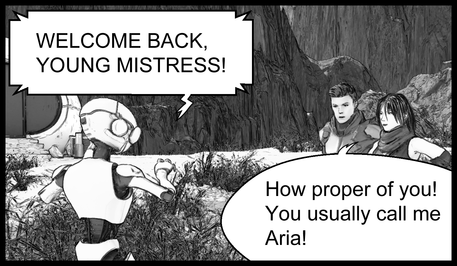 G-K1 appears before the protagonist and Aria in a humorous sci-fi scene