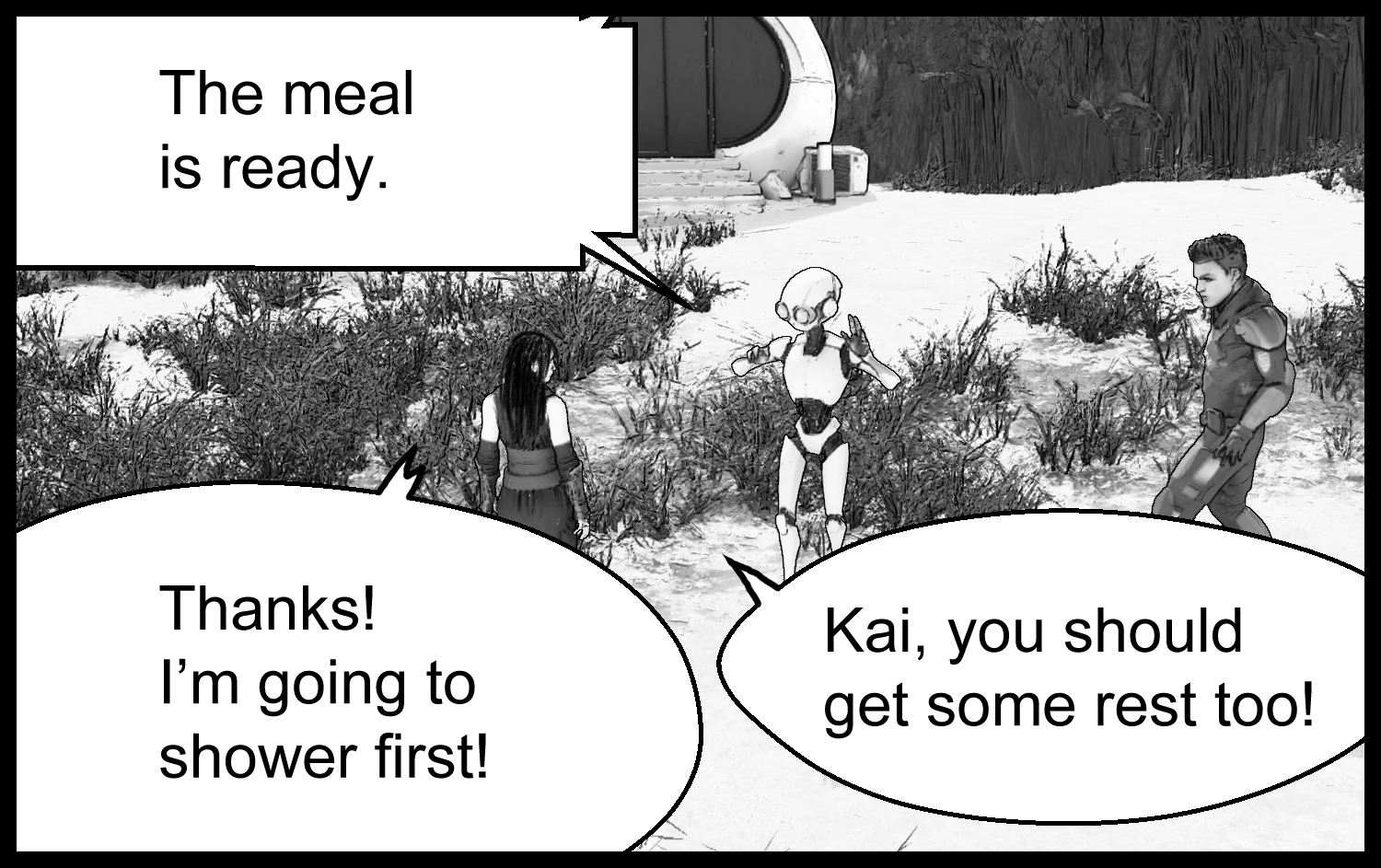 G-K1 reports that the meal is ready as the protagonist and Aria talk